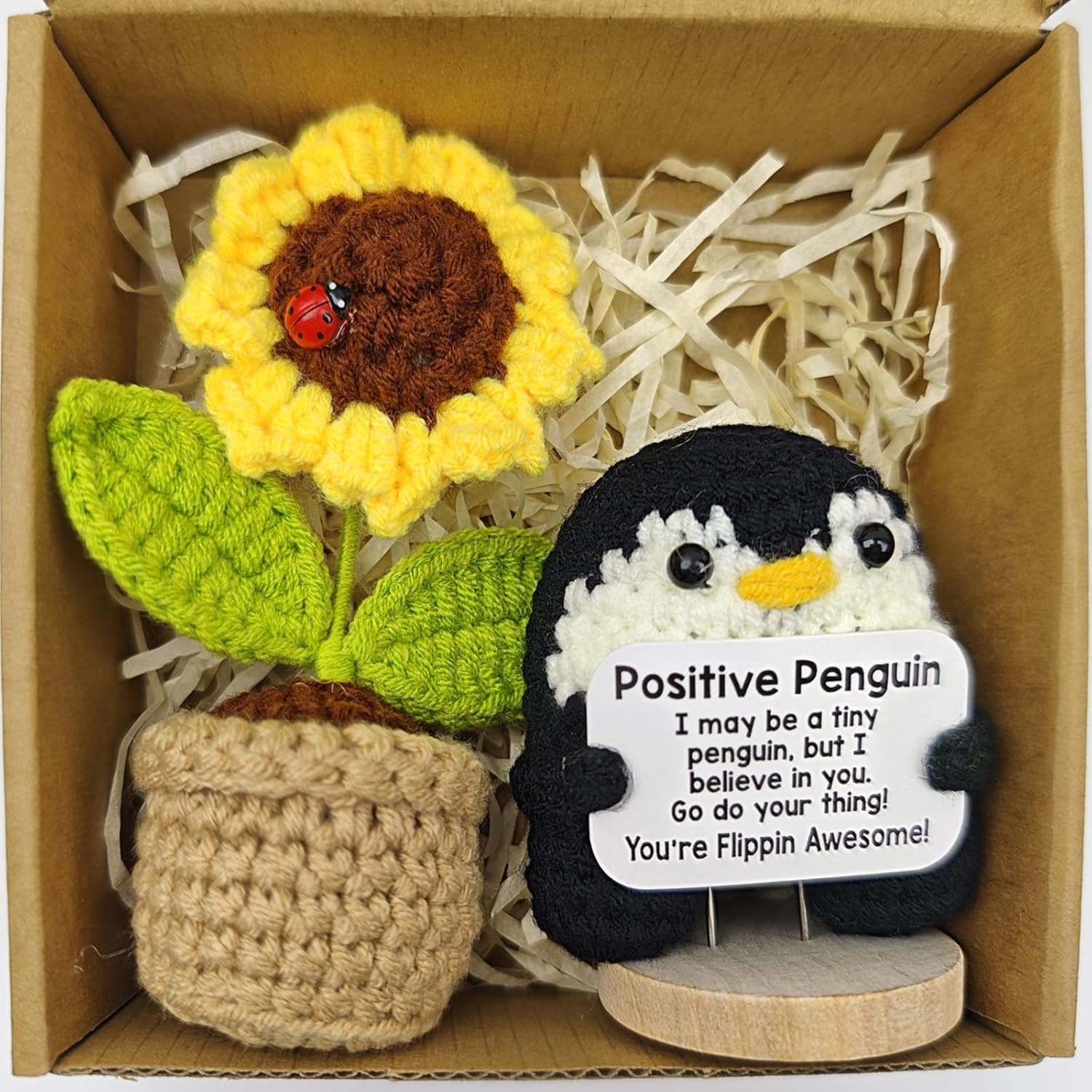 Mini Postive Crochet Funny Gift, 2PCS 3 Inch Cute Crochet Sunflower Pot Desk Decoration Toy with Positive Card for Dad Father Women Mom Best Friend Teacher Fall (Sunflower & Penguin) image number 4
