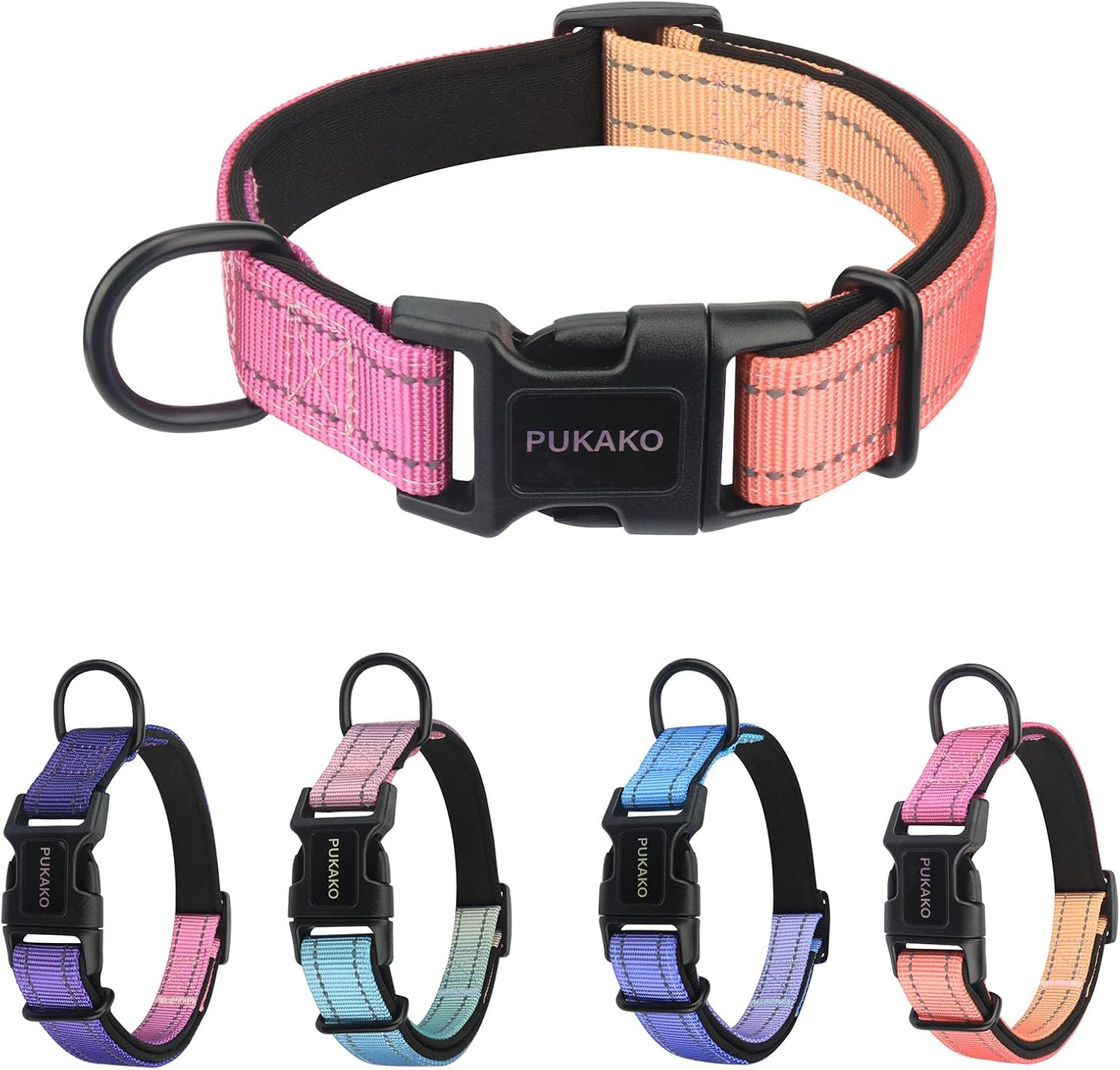 PUKAKO Reflective Dog Collar, Adjustable Soft Neoprene Padded Nylon Pet Collars with Buckle for Small Medium Large Dogs Girl, Blue Gradient, L