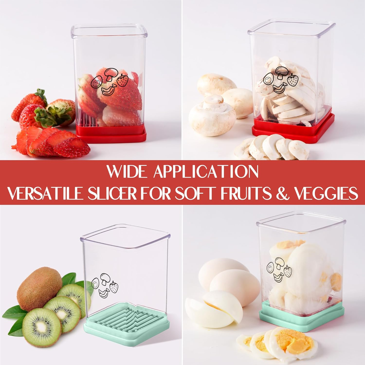 2 Pcs Cup Slicer, Stainless Steel Strawberry Slicer Egg Slicer Banana Slicer Fruit Slicer, Speed Fruit Cutter with Push Plate, Quickly Making Fruit Vegetable Salad, Must Have Kitchen Gadget (Cyan+Red) - 2Pcs Red image number 6