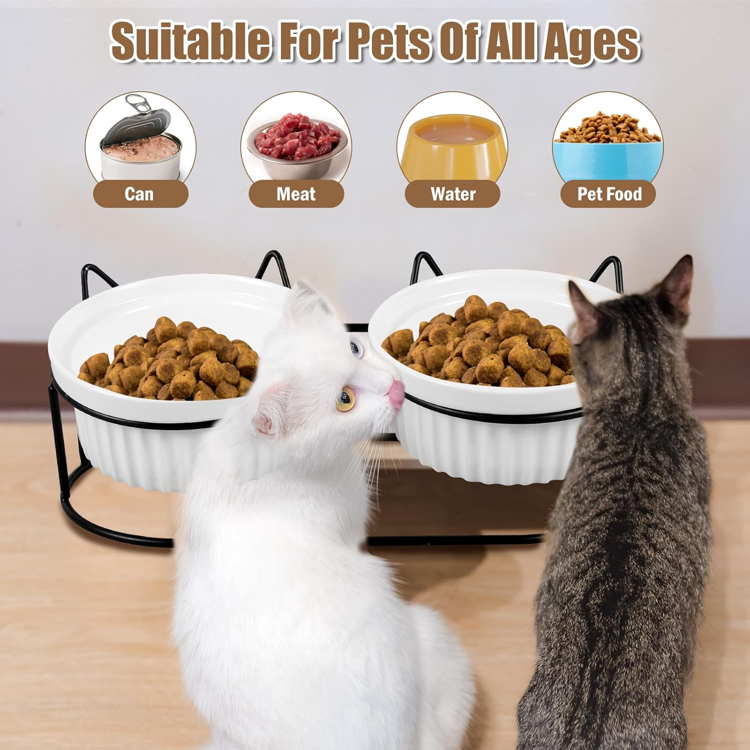 Raised Cat Bowls Whisker Friendly, Elevated Cat Bowls Tilted with Metal Stand, anti Vomiting Double Ceramic Pet Food Bowls, Elevated Cat Food Water Bowl Raised Ceramic Pet Feeding for Cat Dog image number 2