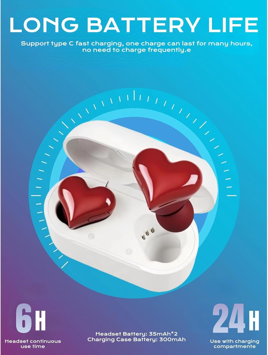 Wireless Earbuds Stylish Heart Shaped, Cute Creative Red Heart Bluetooth Earbuds with Charging Case, Noise Cancelling Hifi Stereo BT Earphones, Gifts for Girls Friends image number 1