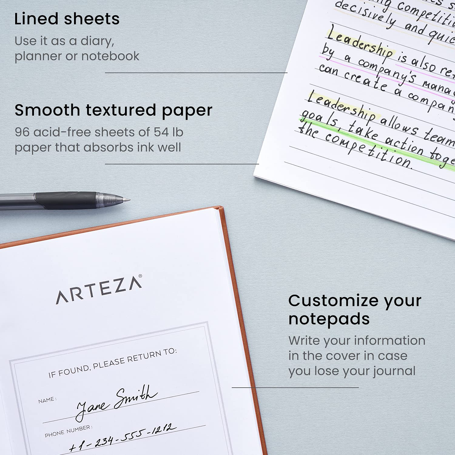 Arteza Lined Journal Notebooks, Pack of 2, 6 X 8 Inches, 96 Sheets, Green and Saddle Color Hard Notebook Journals, Hardcover Notepads with Smooth Lined Paper, Office Supplies for Writing, Journaling image number 1