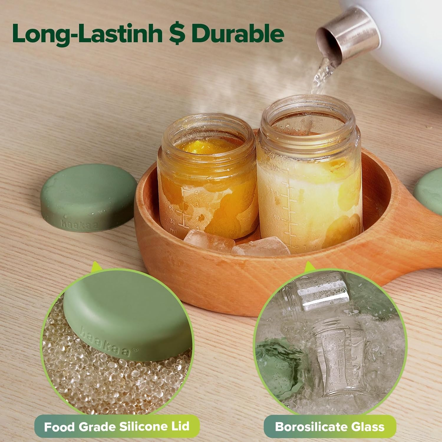 Haakaa Baby Food Storage Containers, Glass Baby Food Storage Jars with Silicone Lid, Baby Food Freezer Storage, 7Oz Baby Food Containers, Freezer Safe Microwave Safe. [4 Pack - Green Cover] image number 4