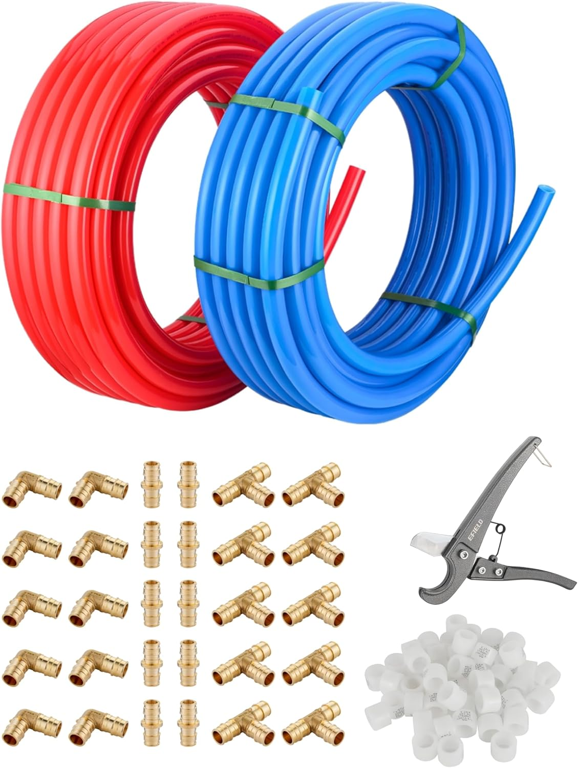 EFIELD 1/2-Inch 2 X100 Ft Pex-A Tubing/Pipe （All in One） Red & Blue 200 Ft， 30 PCS 1/2" Brass Expansion Pex Fittings- Elbow Tee Coupler (30 PCS), 1/2' Expansion Rings (100 Pcs), Pipe Cutter (1/2-Inch) image number 4