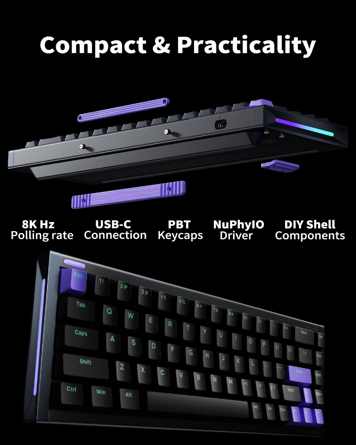 Nuphyx BH65 All-Aluminum Magnetic Switch Gaming Keyboard,65% 68Keys RGB Rapid Trigger Wired Custom Hall Effect Keyboard,Pbt Keycaps,Actuation Point Adjustable,8K Hz Polling Rate-Magnetic Jade Gaming image number 2