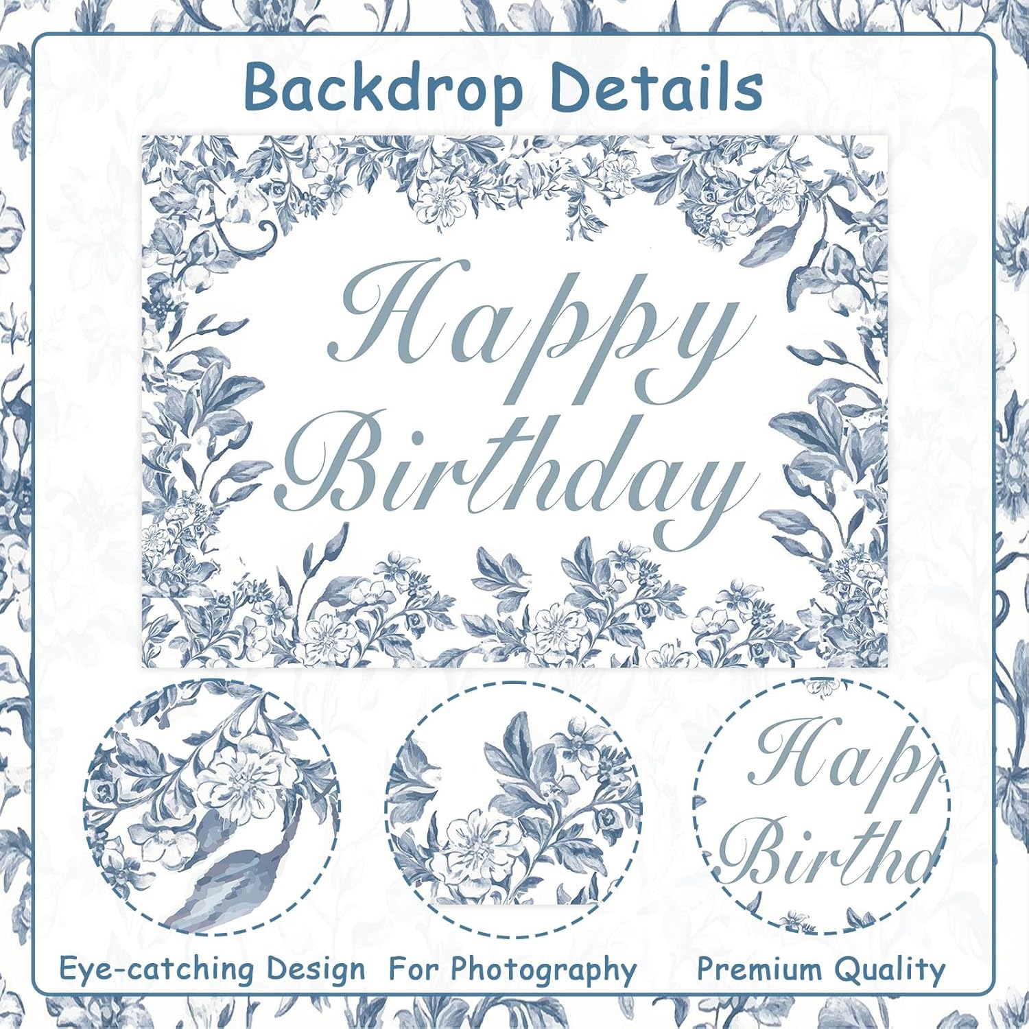 Wonmelody Blue Chinoiserie Birthday Decor 7 * 5Ft Blue Chinoiserie Happy Birthday Backdrop Banner Blue White Floral Backdrop Vintage Floral Party Decor for Chinoiserie Birthday Wedding Bridal Shower