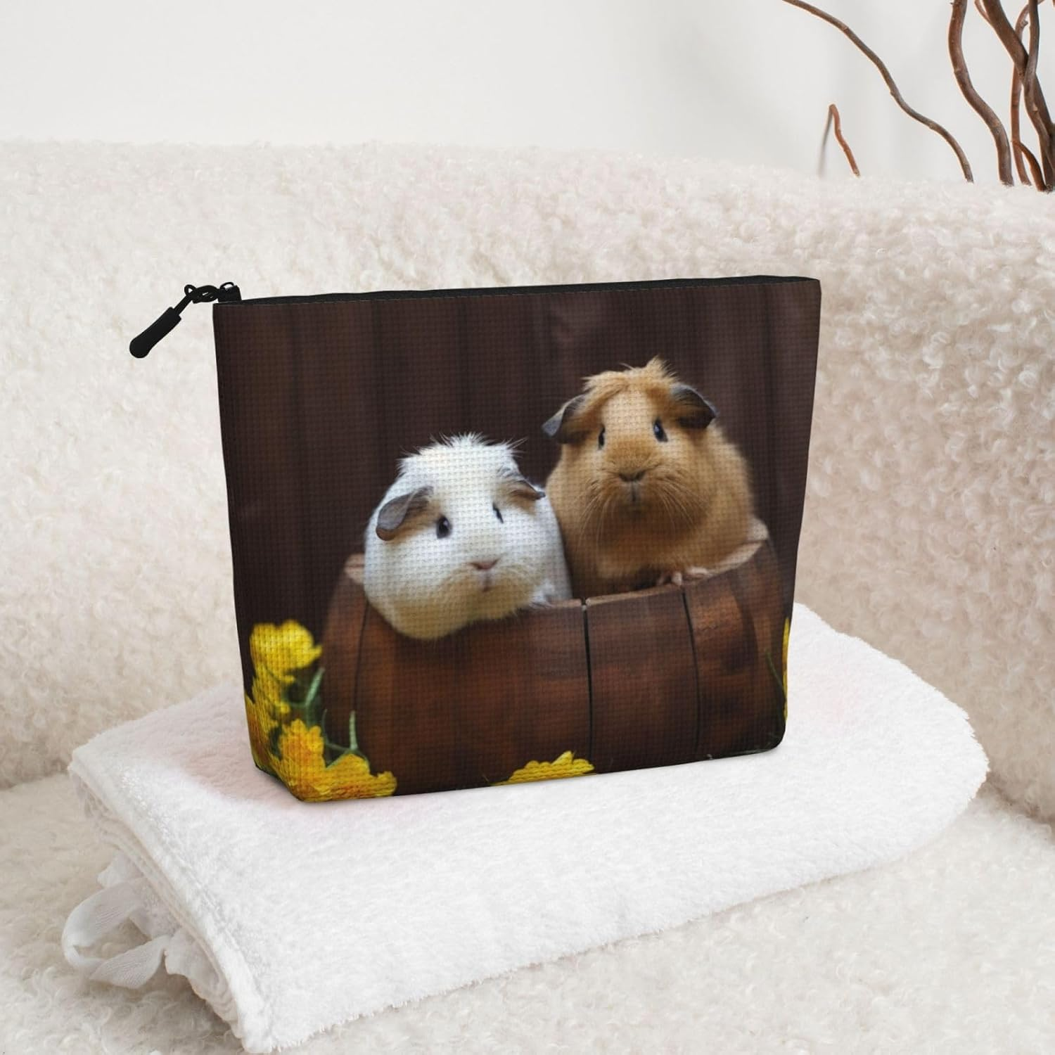 Linen Makeup Bag for Women, Waterproof Travel Cosmetic Organizer Lightweight Zipper Travel Toiletry Bag Organizer Guinea Pigs Makeup Brushes Storage Bag image number 6