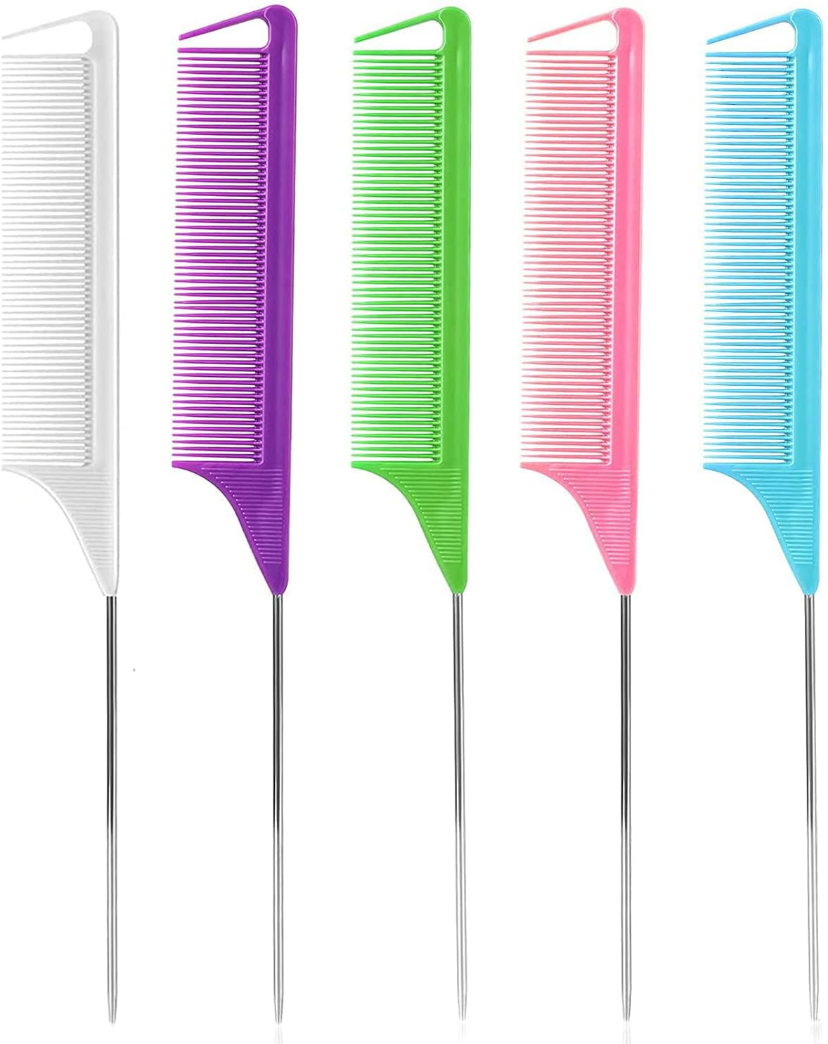 Rat Tail Comb for Hair Stylist: 5Pcs Parting Comb for Braids, Metal Long Steel Pin Rat Tail Teasing Combs, Professional Hair Salon Quality,Combs for Women (F Style) image number 2