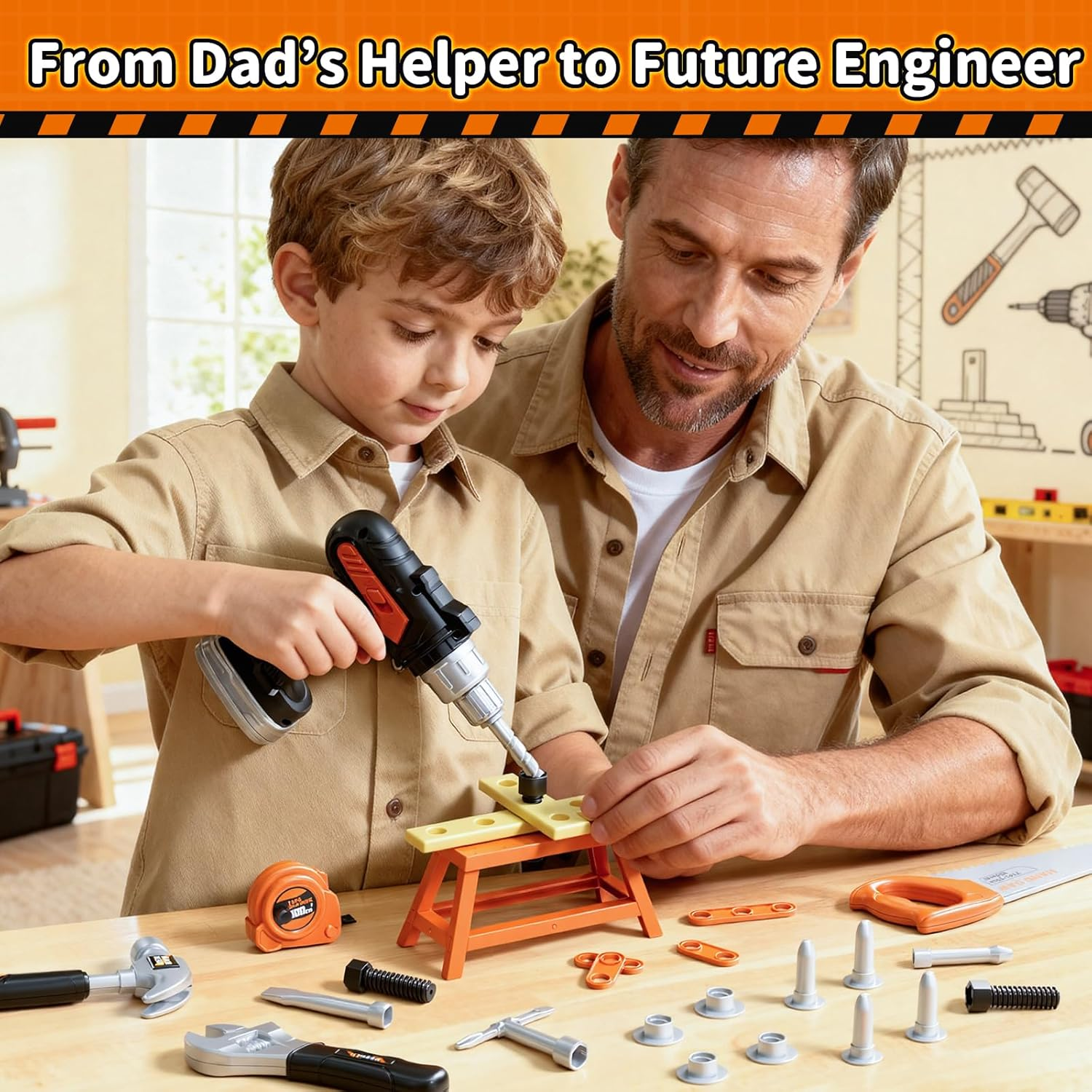 Kidbloom Kids Tool Set with Tool Belt, 50 PCS Tool Box with Drill Toy, Construction Tool Toys, Toys for 3 4 5 Year Old Boys Girls Gifts image number 4