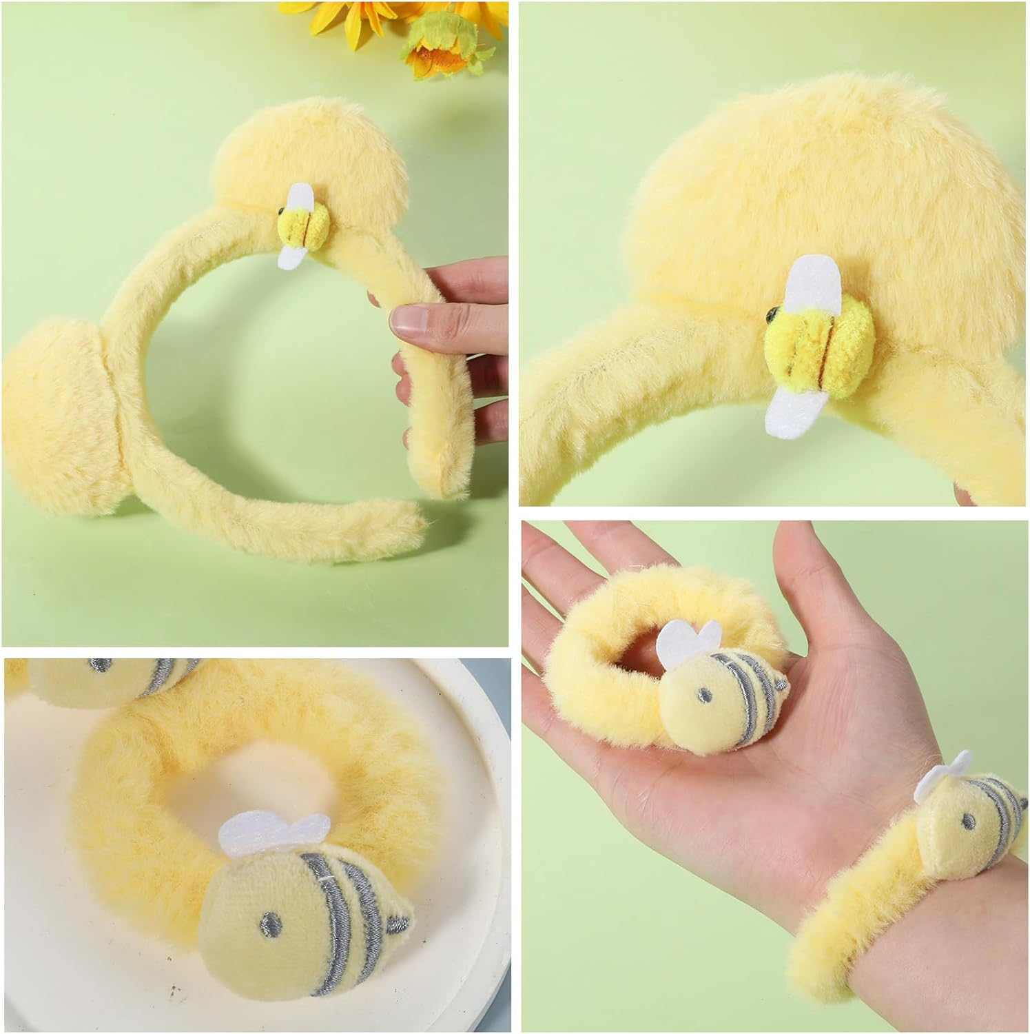 Ptwola 3 Pcs Yellow Plush Bear Ears Headband Hairband Animal Ears Headwear Hair Ties Cute Halloween Festival Cosplay Party Costume Accessories Set Ponytail Holders for Makeup Face Washing image number 6