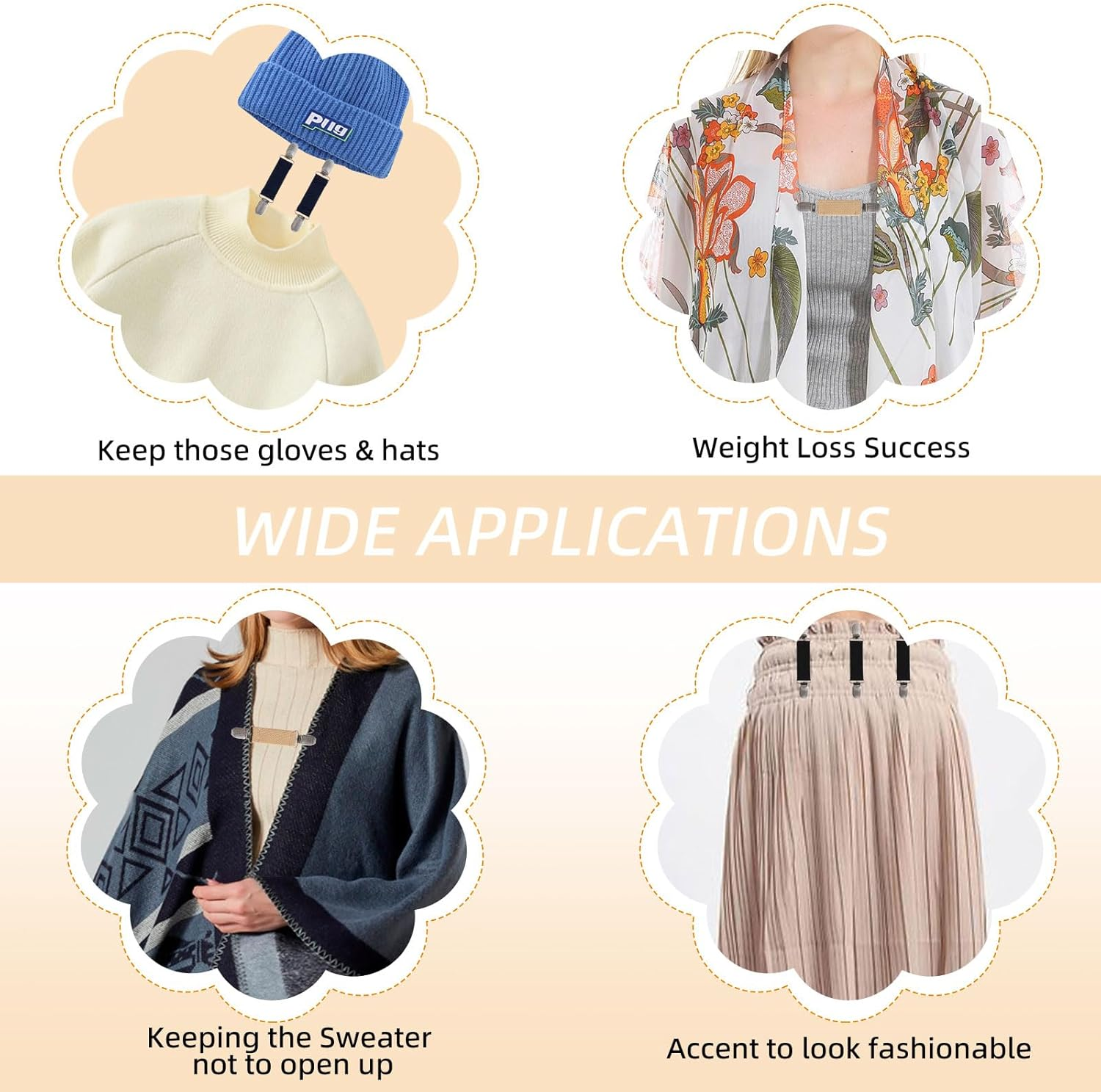 6 Piece Dress Clip Back Cinch Set - 5.5Inch Scarf, Sweater, Clothes, Shawl, Retro Cardigan Collar, Travel Hat Clips - Dress Shirt Brooch for Women Girl Decor (Black, White) image number 2