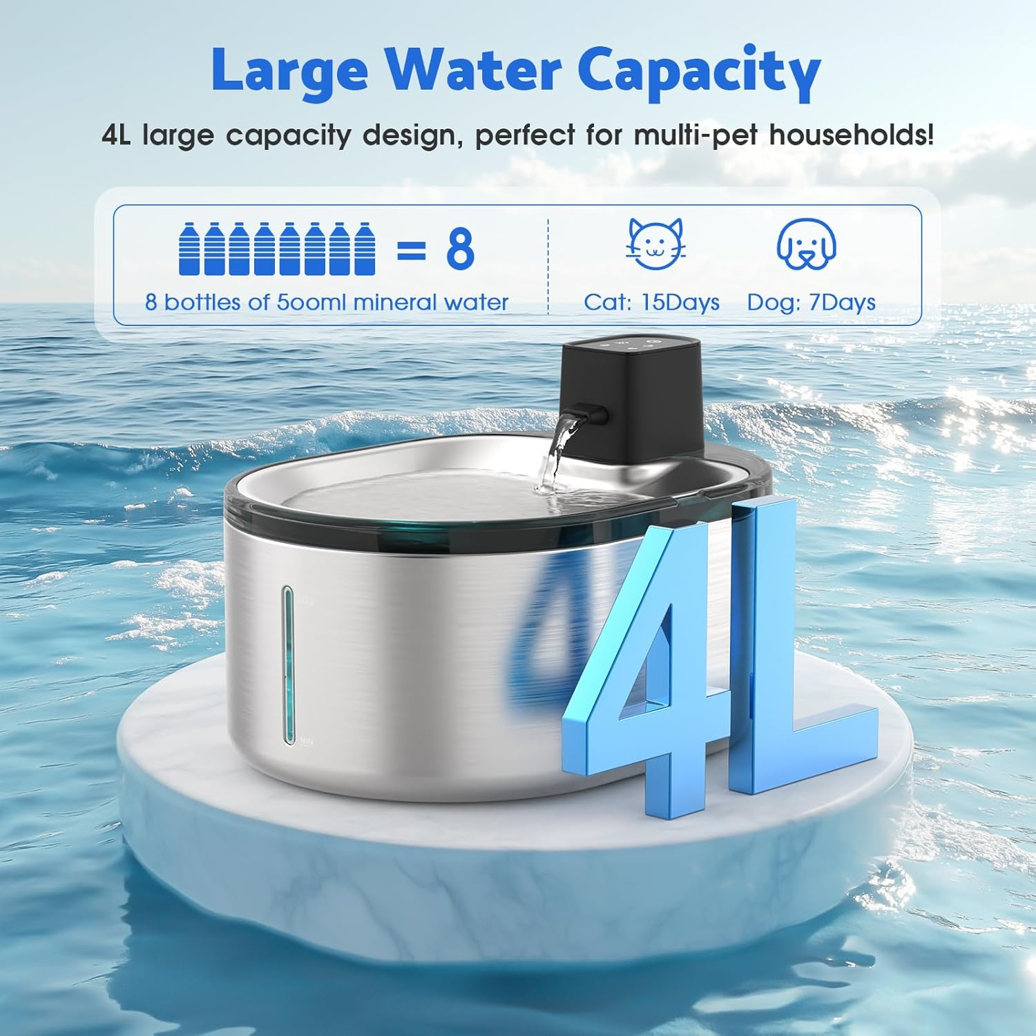 Advwin Wireless Cat Water Fountain, Stainless Steel Automatic Pet Water Dispenser, 3000Mah Battery Operated, 4L Water Fountains for Cats Dogs with 5 Filters image number 5