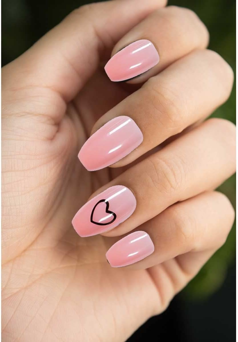 Bufenia Short Coffin Press on Nails Nude Color False Nails Glossy Heart Fake Nails Bellarina Acrylic Stick on Nails 24Pcs for Women and Girls
