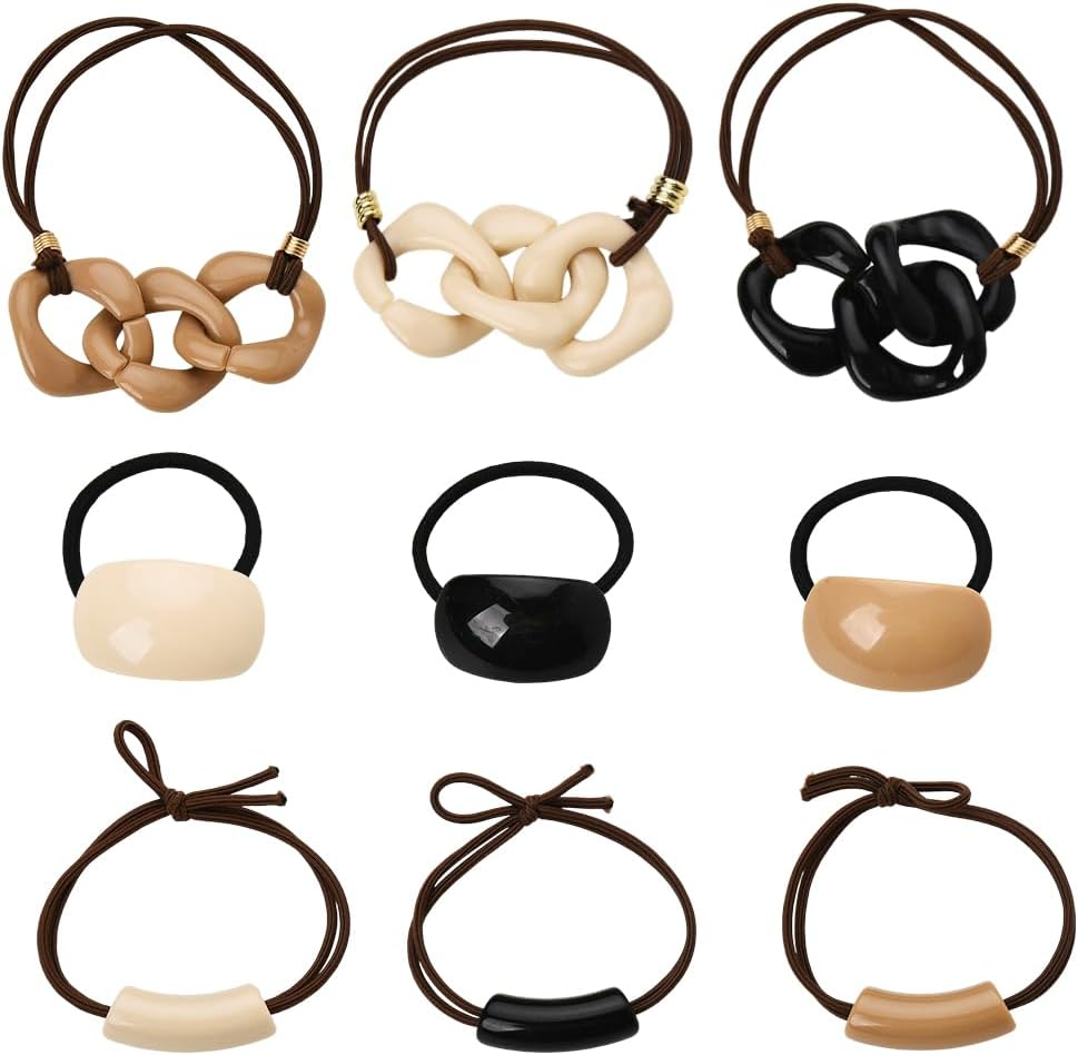9 PCS Acrylic Ponytail Hair Cuff Geometric Hair Ties Wrap for Women Girls Geometric Hair Elastics Ties Arch Ponytail Ring Set for Long Thick Hair Ropes Ponytail Cuff Set for Women image number 2