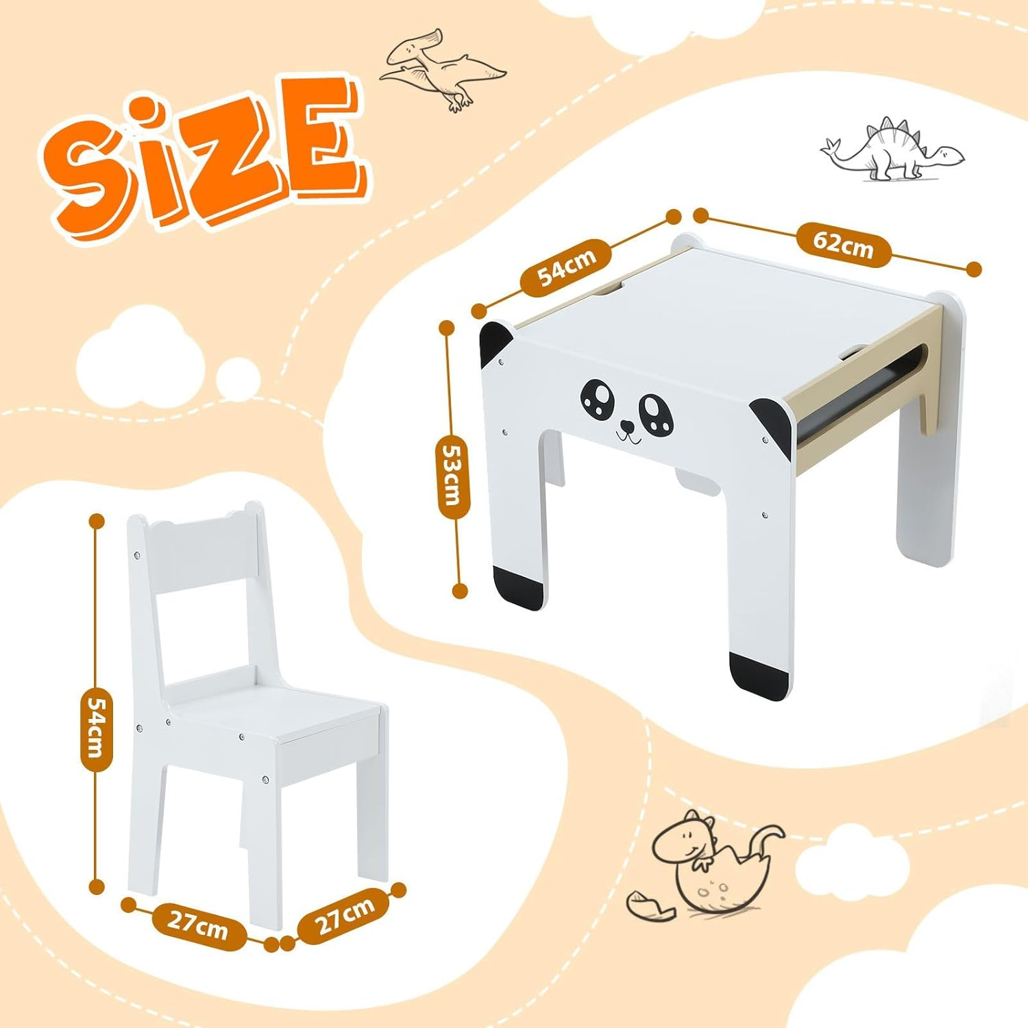Kidbot Kids Table and 2 Chairs Set Wooden Toddler Desk with Storage Furniture Children Activity Centre for Study Drawing Reading Panda Cartoon Shape image number 2