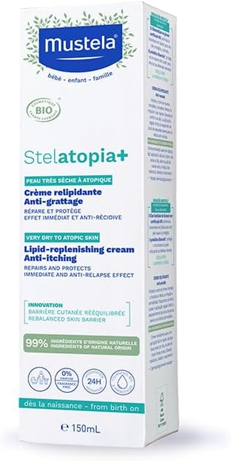 Mustela Stelatopia Anti-Itch Relief Cream Organic, Face and Body, Babies, Children, Whole Family - Extremely Dry Skin or Neurodermatitis, 99% Ingredients of Natural Origin (150 Ml)