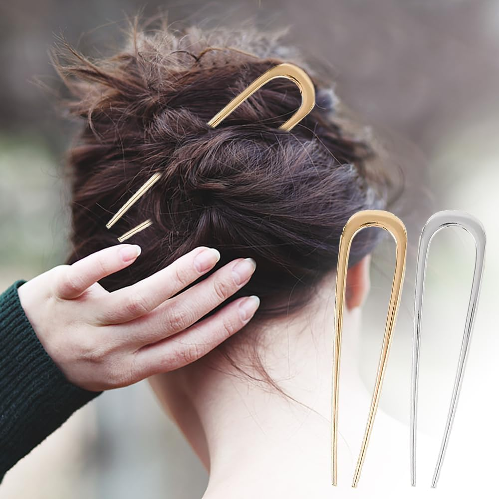 TRKETK Pack of 4 Large Metal U-Shaped Hairpins, French Metal Hair Pins, U Shaped Hair Pins, Hair Sticks, Hair Forks, Updo Chignon Pins for Women and Girls (2 Colours)
