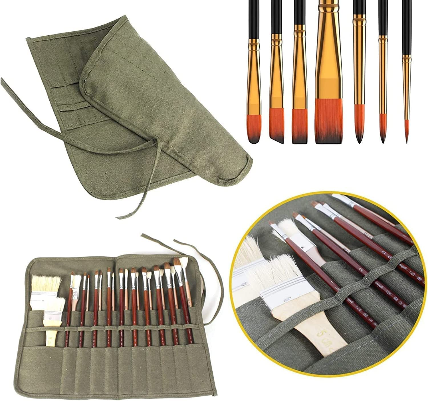 Paint Brush Roll Canvas Pouch, Army Green 22 Slots Holder, Artist Acrylic Oil Watercolour Case, Student Draw Pen Gouache Storage Bag image number 3