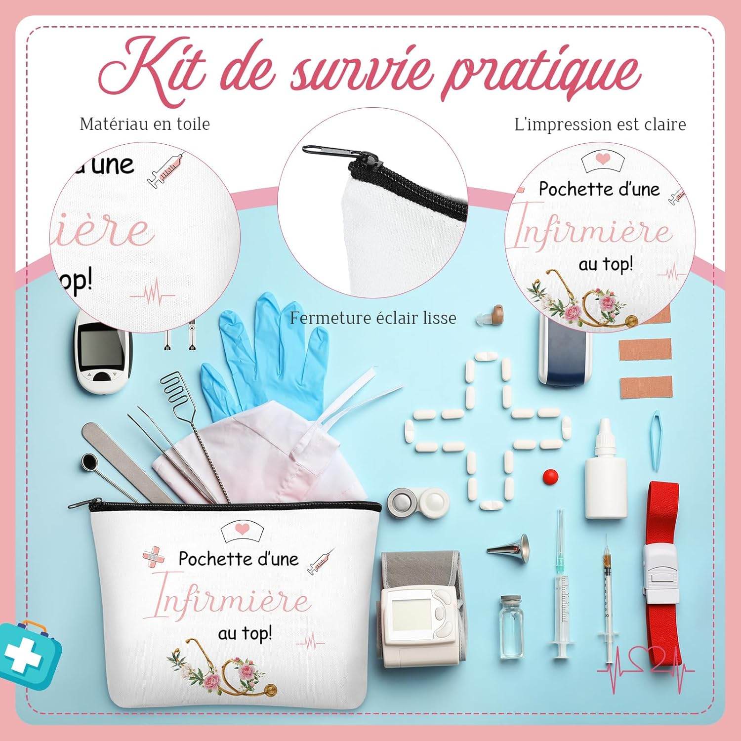 Xuniea Nurse Gift 1 Toiletry Bag 1 Keyring with Flowers, Syringe and Stethoscope 1 Ballpoint Pen Gift for Thank You, Birthday and Christmas for Women Colleagues