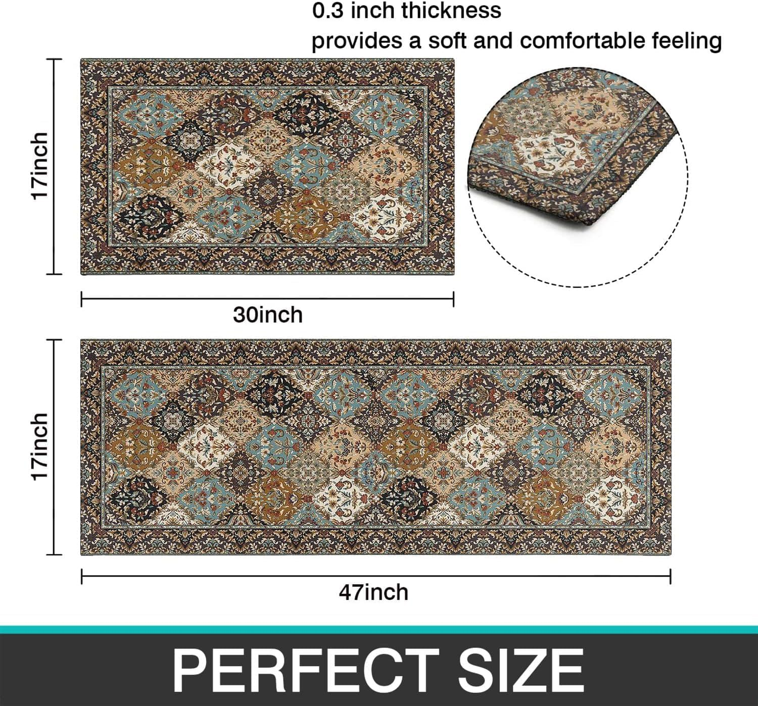 Kitchen Rug Mat, 2 Piece Country Rustic Kitchen Rugs, Boho Farmhouse Style Washable Non-Slip Kitchen Mats for Floor, Boho Kitchen Decor (Boho 2) image number 5