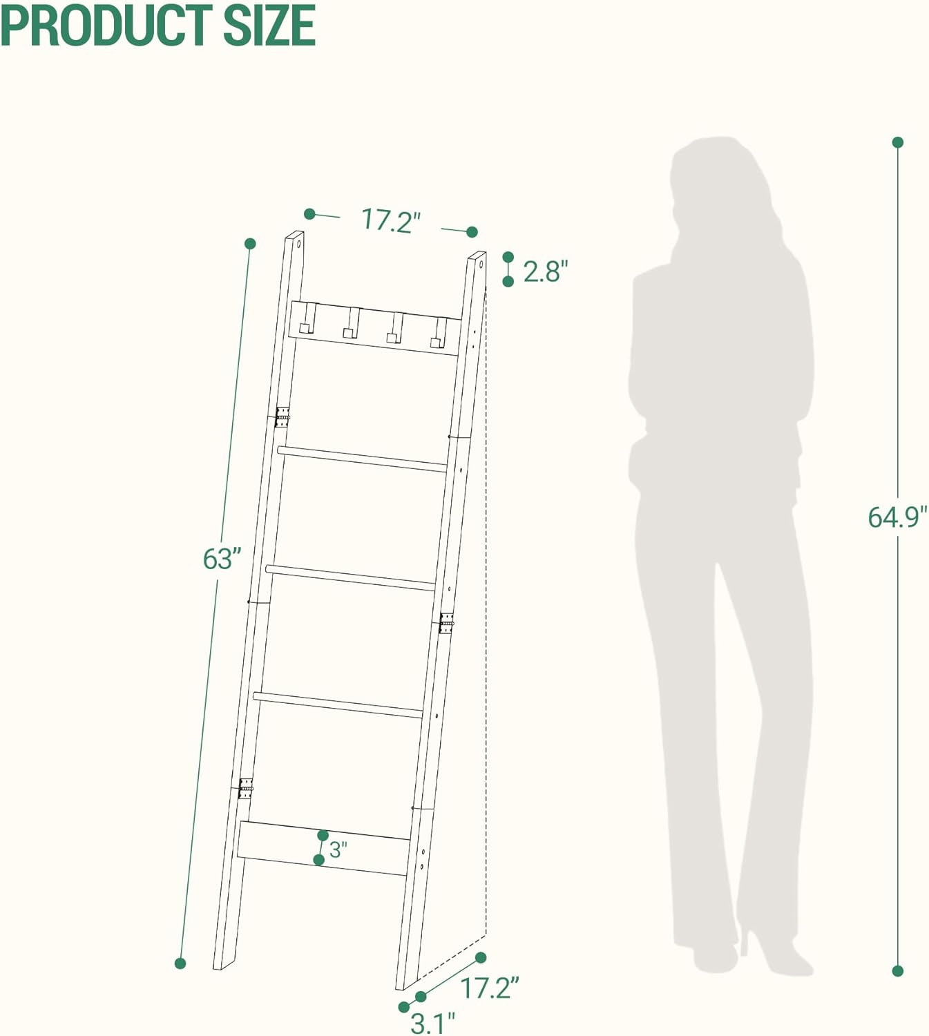 Hzuaneri Blanket Ladder Shelf for Living Room, Decorative Quilt Rack with 4 Removable Hooks, 5-Tier Farmhouse Ladder Holder Organizer for Bedroom, Greige and Black BR02105B image number 4