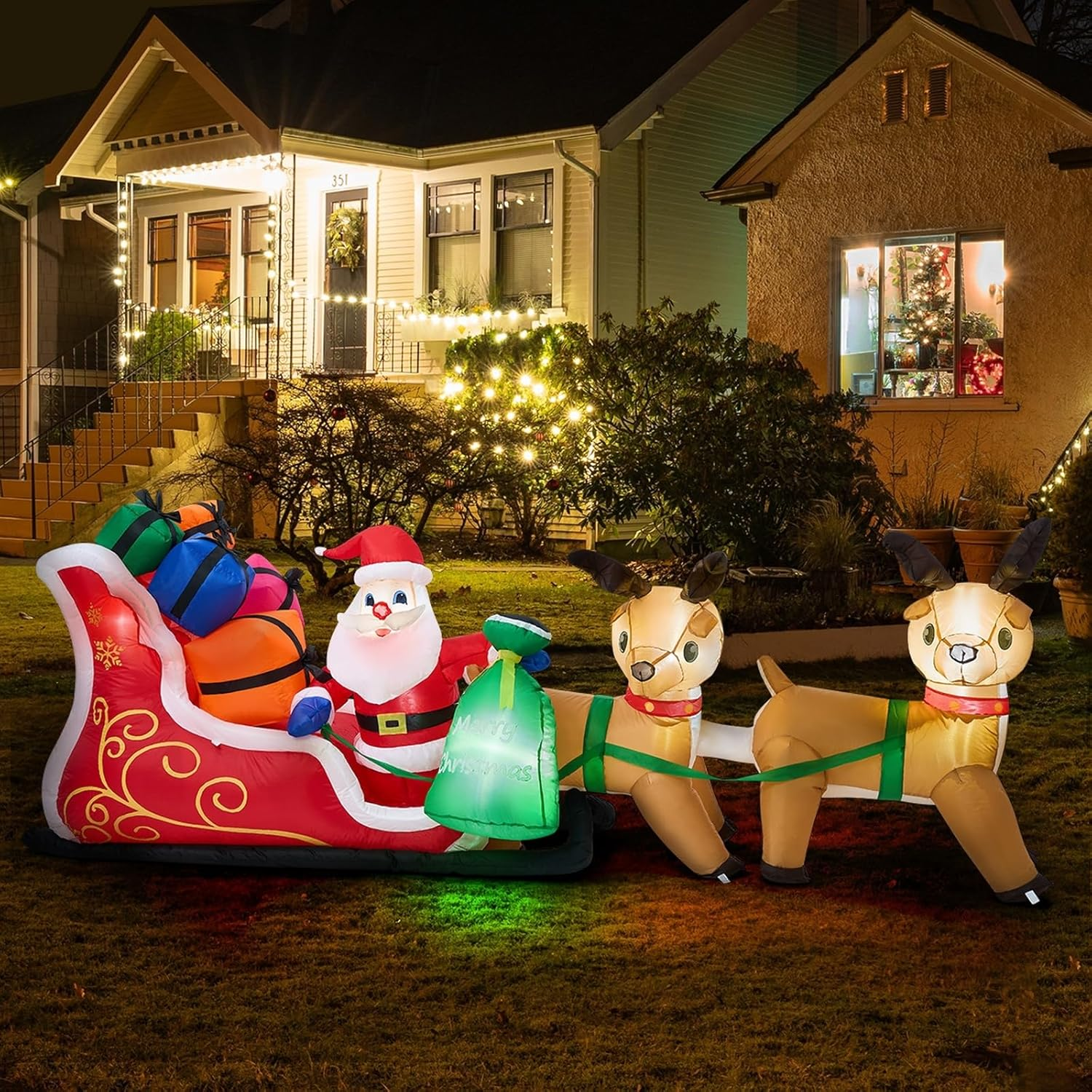 Tinseltown 3M Christmas Inflatable Santa Claus Sleigh Reindeers Set with Blow up Gift Boxes and LED Xmas Decor, for Courtyard, Lawn, Indoor, Outdoor image number 1