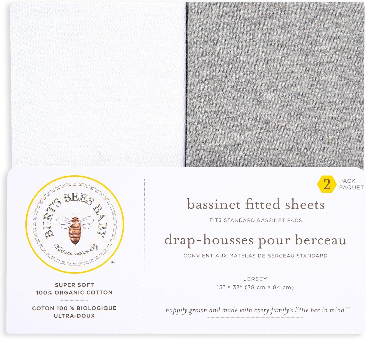Burt'S Bees Baby - Bassinet Sheet, Fitted Unisex Boy Girl 100% Organic Jersey Cotton Bassinet Sheet for Standard Bassinet Mattress (Heather Grey/White, 2-Pack) image number 7