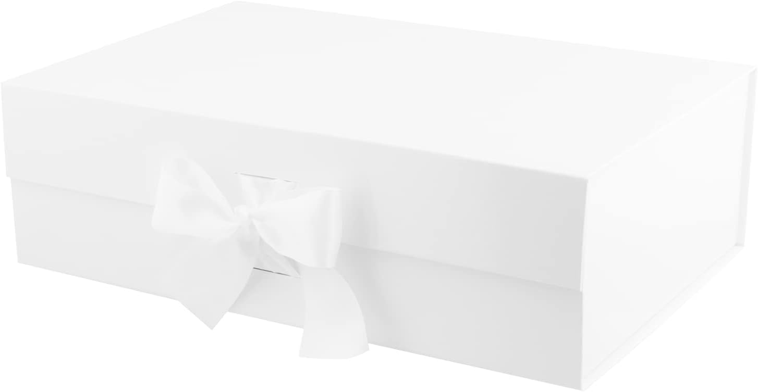MALICPLUS Large Gift Box with Ribbon 34X22.5X10 CM, White Bridesmaid Proposal Box, Luxury Magnetic Gift Box for Valentine Day (Glossy)