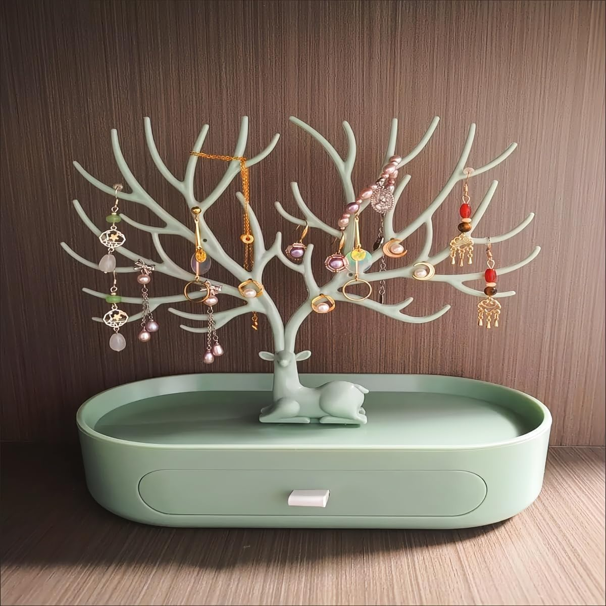 Antler Tree Jewelry Organizer Stand with Storage Drawer and Tray for Necklaces, Rings, Earrings, and Bracelets (Grey)