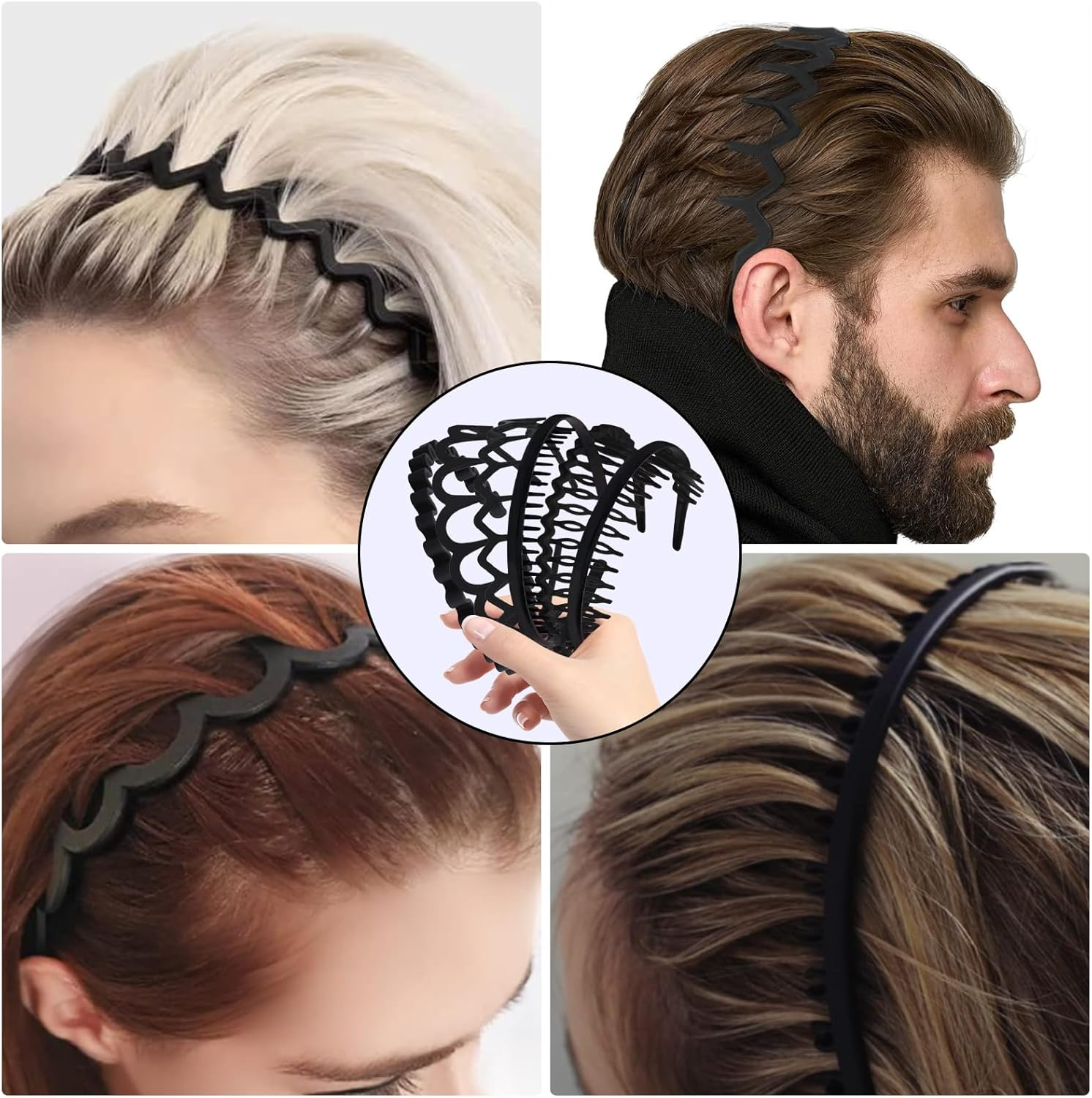 Pack of 6 Plastic Hair Bands, Wave Zigzag Headband, Non-Slip Headband with Non-Slip Teeth, Black Hair Accessories, DIY Hair Bands, Headbands for Children, Women, Men image number 3