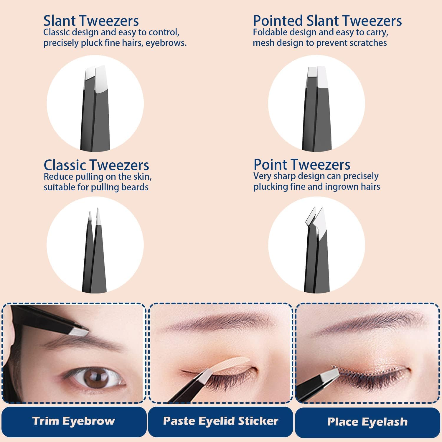 Tweezer Set for Man Women,Precision Tweezers for Facial Hair Eyebrow Chin,4Piece Stainless Steel Tweezers(Black). - Black image number 3