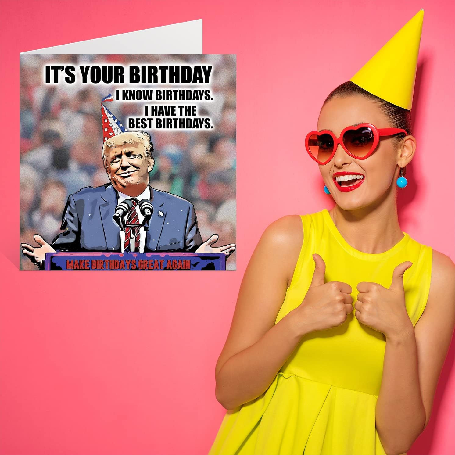 Funny Donald Trump Birthday Cards for Men Women - Trump Birthdays - Joke Happy Birthday Card for Friend Mum Dad Brother Sister Colleague Nan Grandad, 145Mm X 145Mm Banter Humour Bday Greeting Cards