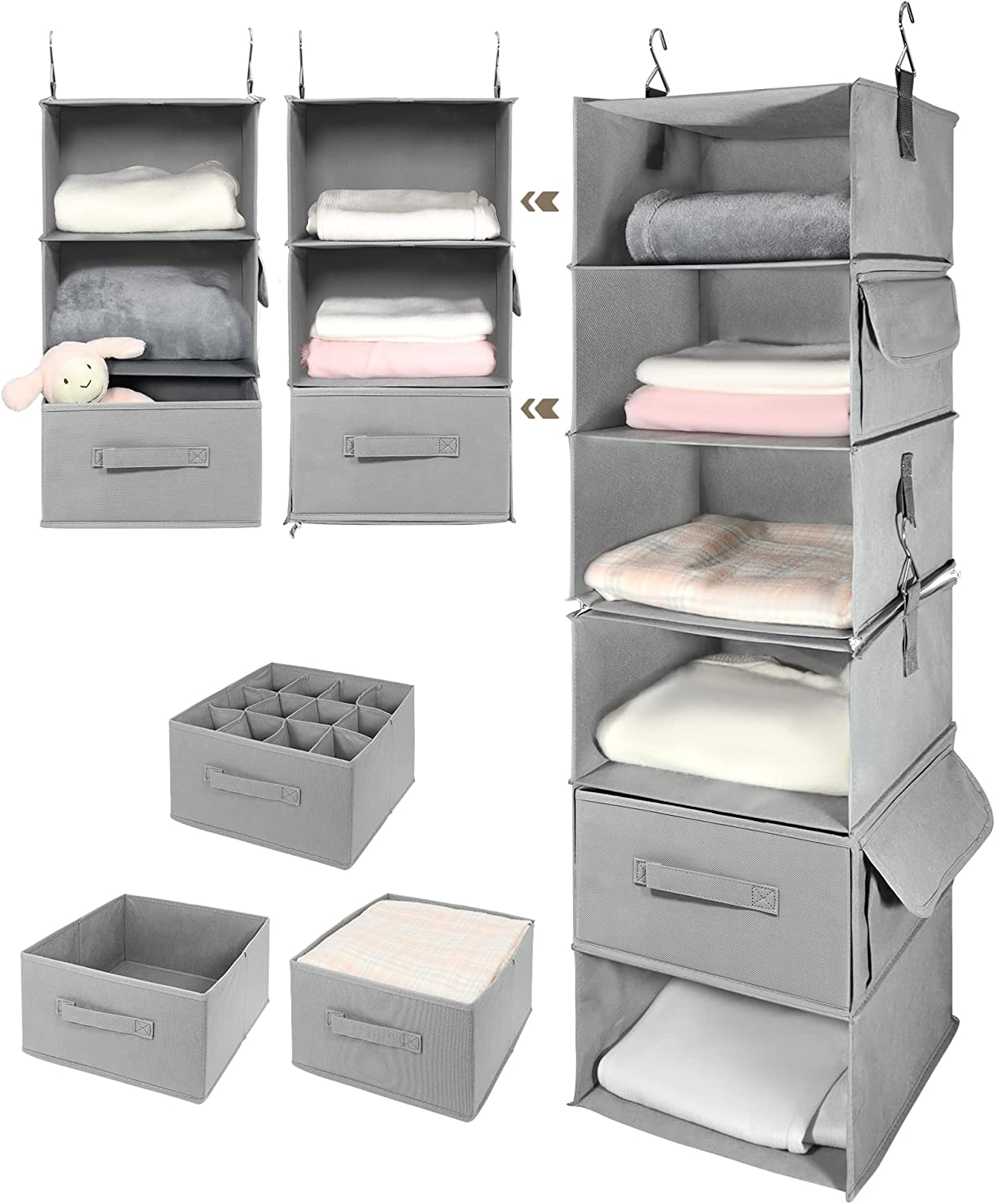 AVITONG 6-Shelf Hanging Closet Organizer, 2 Separable 3-Shelf Hanging Shelves with 3 Drawers for Wardrobe, Nursery, RV Storage, Baby Clothes Organization and Storage image number 2