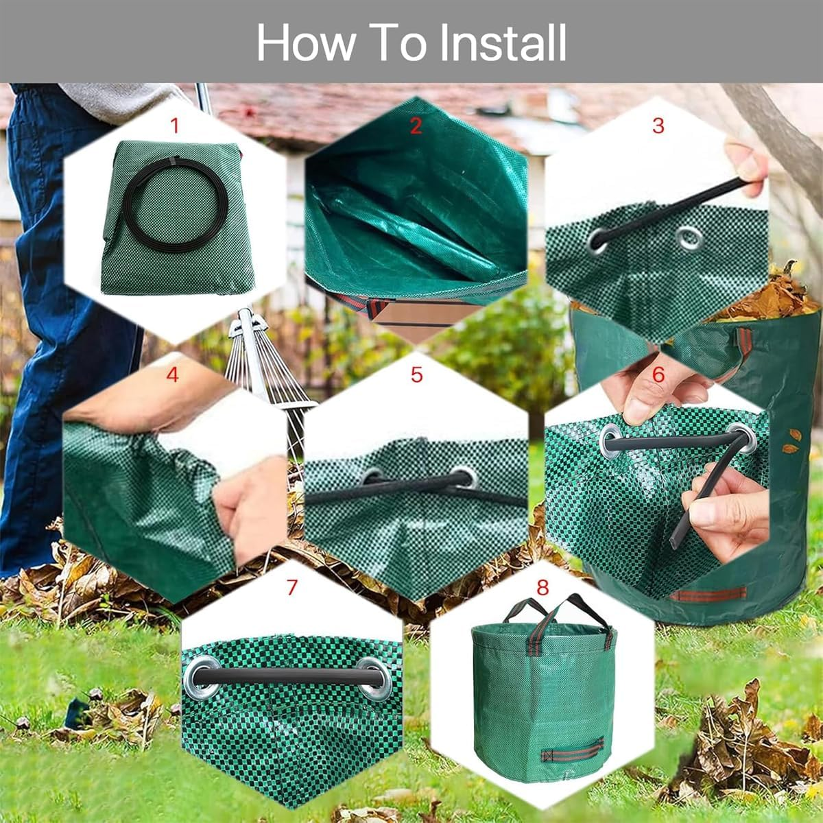 AIMALL 500L Large Garden Leaf Bag, Heavy Duty Waterproof Deciduous Debris Collection Bag with Handles, 31.49In X 39.37In Reusable Yard Waste Bag for Outdoor, Green image number 4