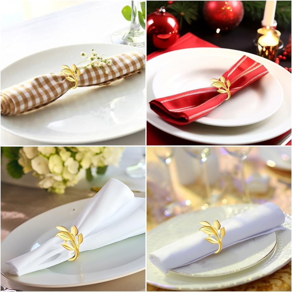Gold Napkin Rings Set of 12 - Metal Leaf Fall Napkin Rings for Dinner Table Decor, Wedding, Kitchen, Banquet, Holiday, Everyday Party - Leaf image number 4