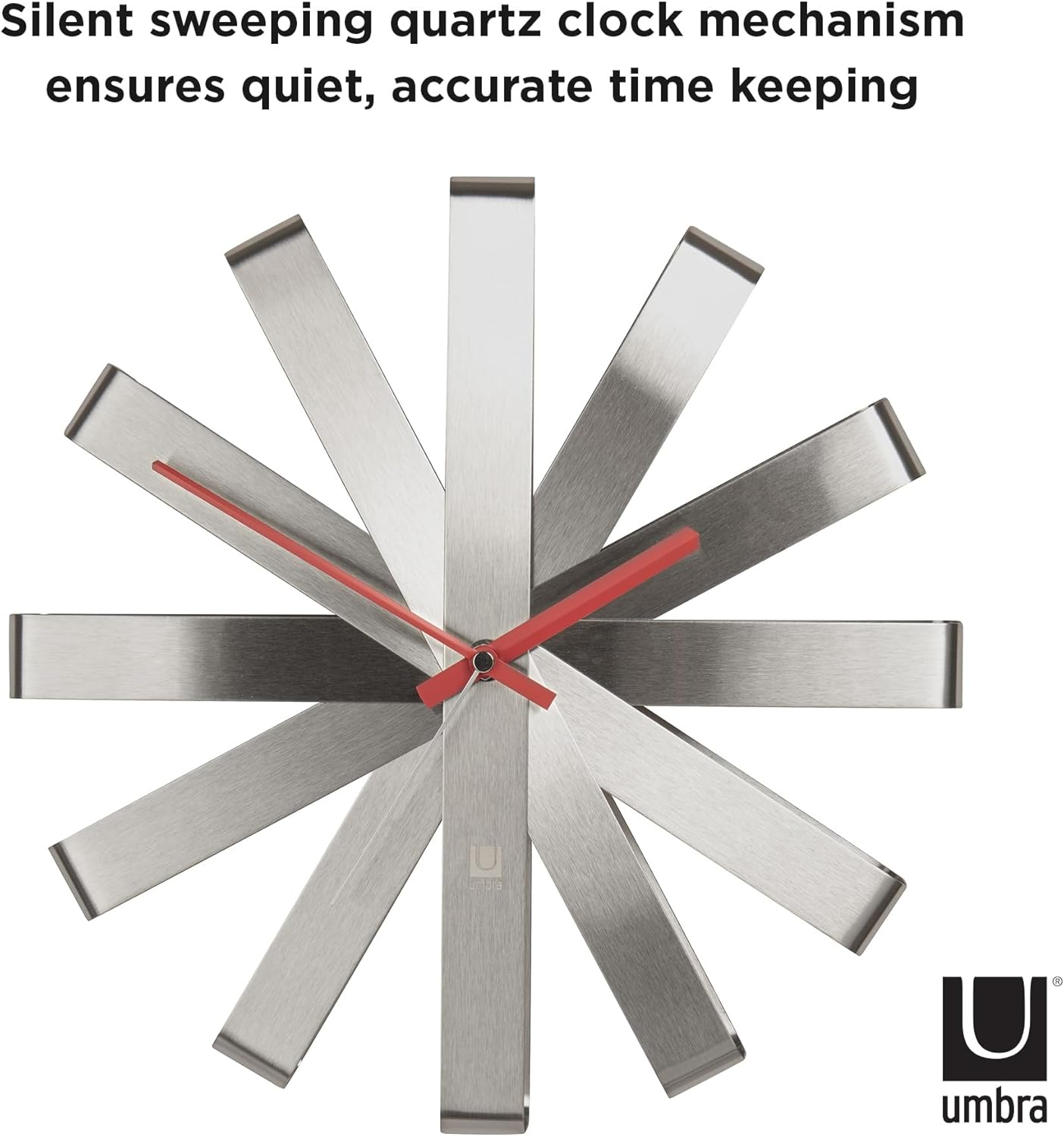 Umbra 118070-590 Stainless Steel Ribbon Modern 12-Inch, Battery Operated Quartz Movement, Silent Non Ticking Wall Clock Decor, 12" Diameter X 2.25&rdquo; Width X 12" Height