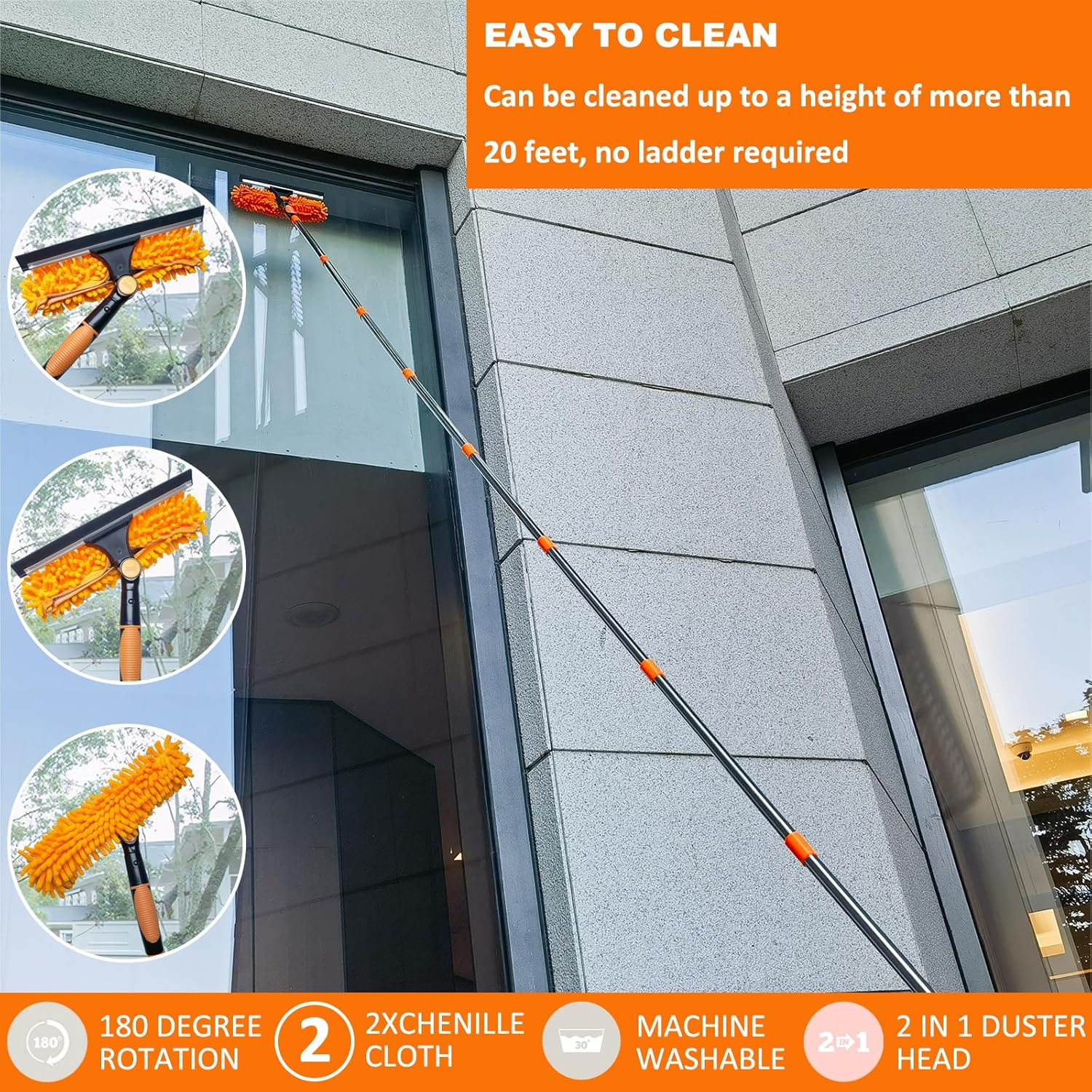 20+ Feet Reach 2 in 1 Window Washing Squeegee & Duster with 3-14 Ft Spliceable Extension Pole // Window Cleaning Tool & Window Washer Squeegee for Home Indoor Outdoor Window Washing image number 2
