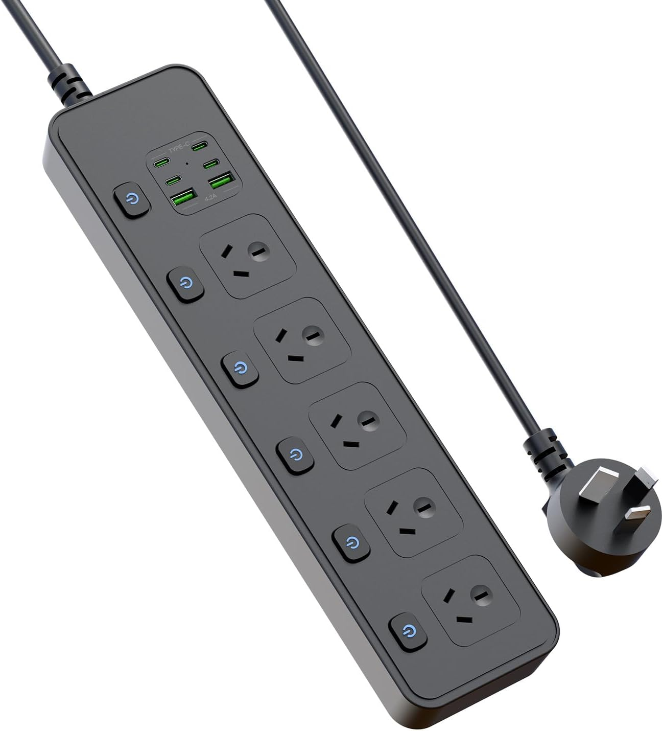 Power Board Individual Switches, 3M Extension Cord Power Strip with 5 AC Outlets, 2 USB a and 4 USB C PD30W Super Fast Charging, Wall Mount Surge Protector for Home Office Dorm (Black, 3M)