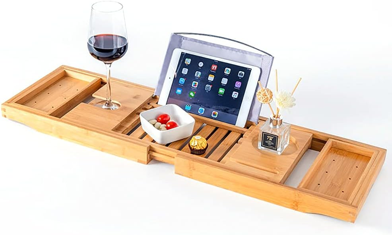 100% Natural Bamboo Bath Caddy Bridge &ndash; Extendable Bath Caddy Tray for Tub with ​Wine Glass Holder, Tablet, Kindle image number 1