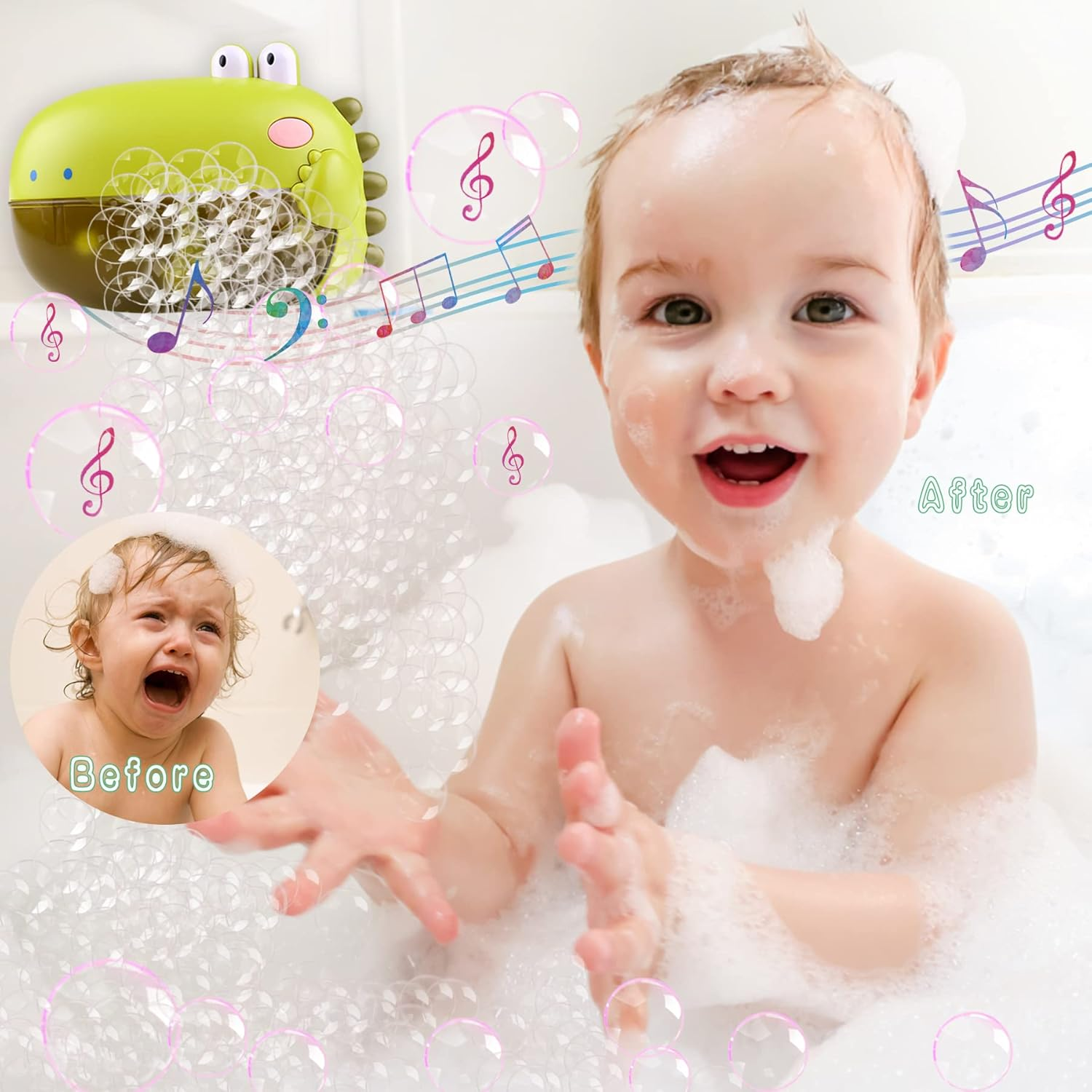 Bath Toys for Toddlers,Bathtub Bubble Maker Toy Green Dinosaur,Tub 1000 Bubbles Makes Machine Blower Cute for Baby Kids Bathtime Shower with 12 Music Songs Fun Gift 3 4 5 Girl Boy image number 5