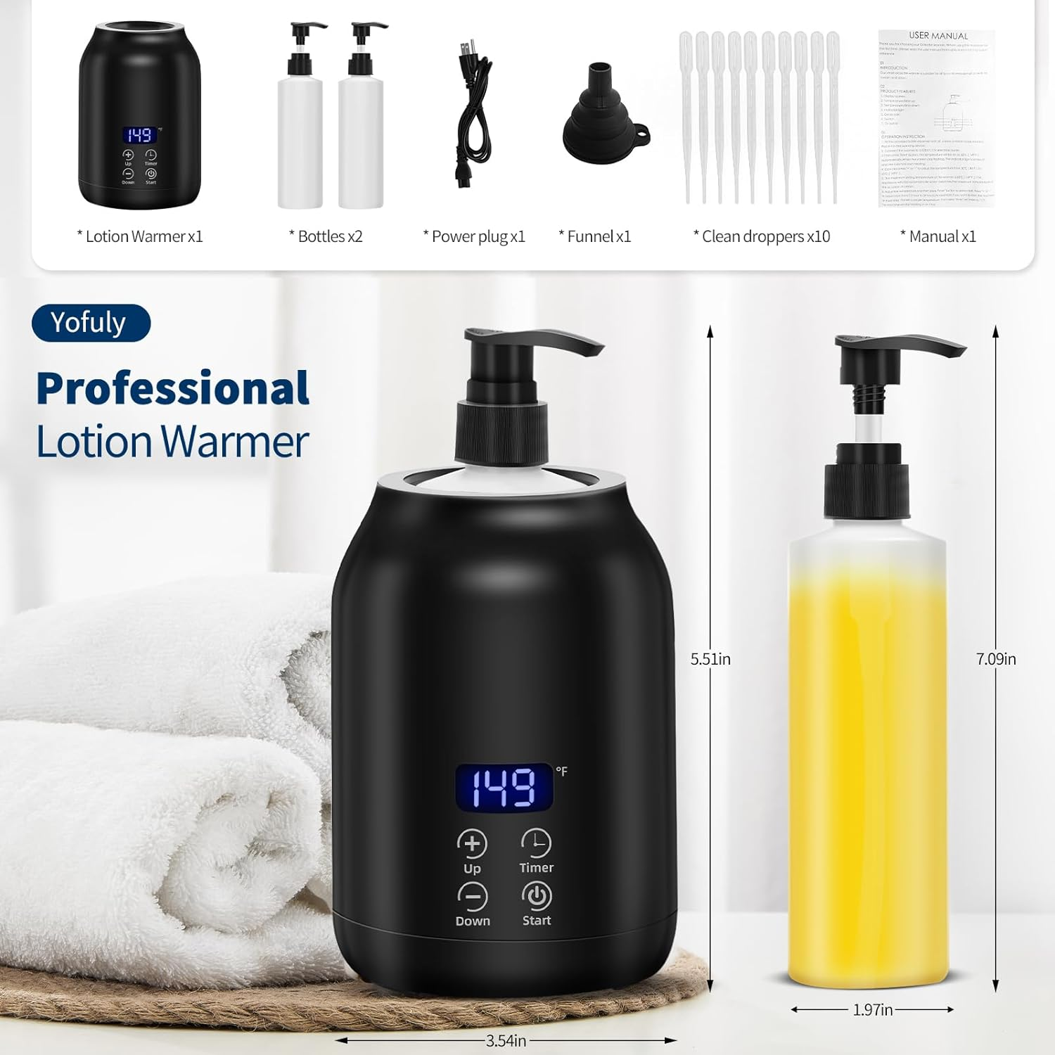 Massage Oil Warmer, Yofuly Electric Massage Oil Digital Heater with Two Oil Bottles, Portable Body Lotion Warmer Cream Heated Dispenser for SPA, Salon and Home Use, Black image number 1