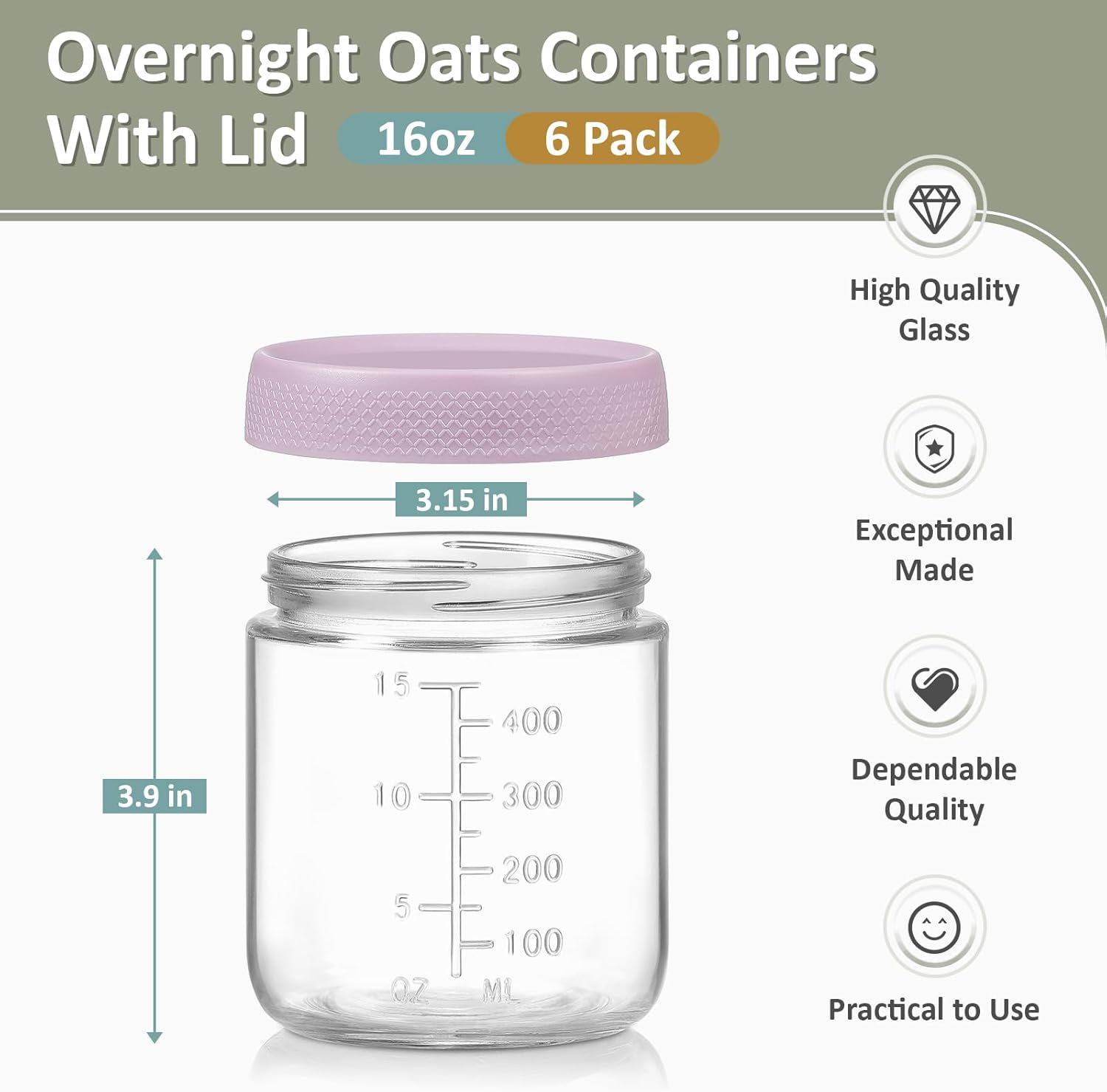 6-Pack Overnight Oats Containers with Lids, 16 OZ Wide Mouth Glass Jars with Airtight Lids, Mason Jars Glass Food Containers for Snack Spice Sugar Food Prep Yogurt - 4 Colors image number 2