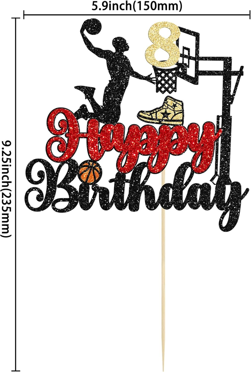 1Pc 8Th Birthday Basketball Cake Topper Glitter Basketball Sports Theme Cake Pick for Baby Shower 8Th Birthday Cake Decorations Party Supplies Black image number 2