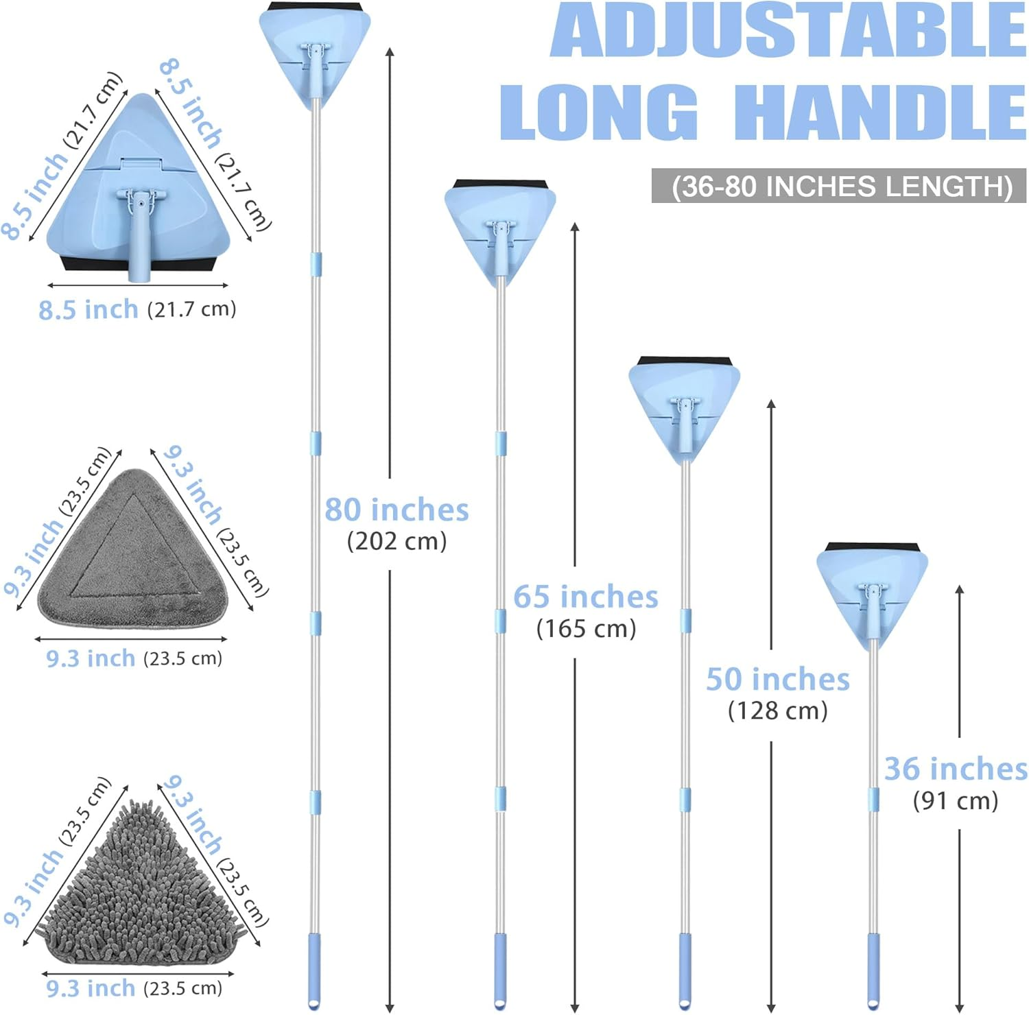 NEWE Wall Mop Cleaner with 202 Cm Long Handle, 180&deg; Folding Ceiling Cleaning Tool with Squeegee, Triangle Baseboard Scrubber with 4 Chenille Duster and 2 Microfiber Pads for Washing Painted Walls image number 4