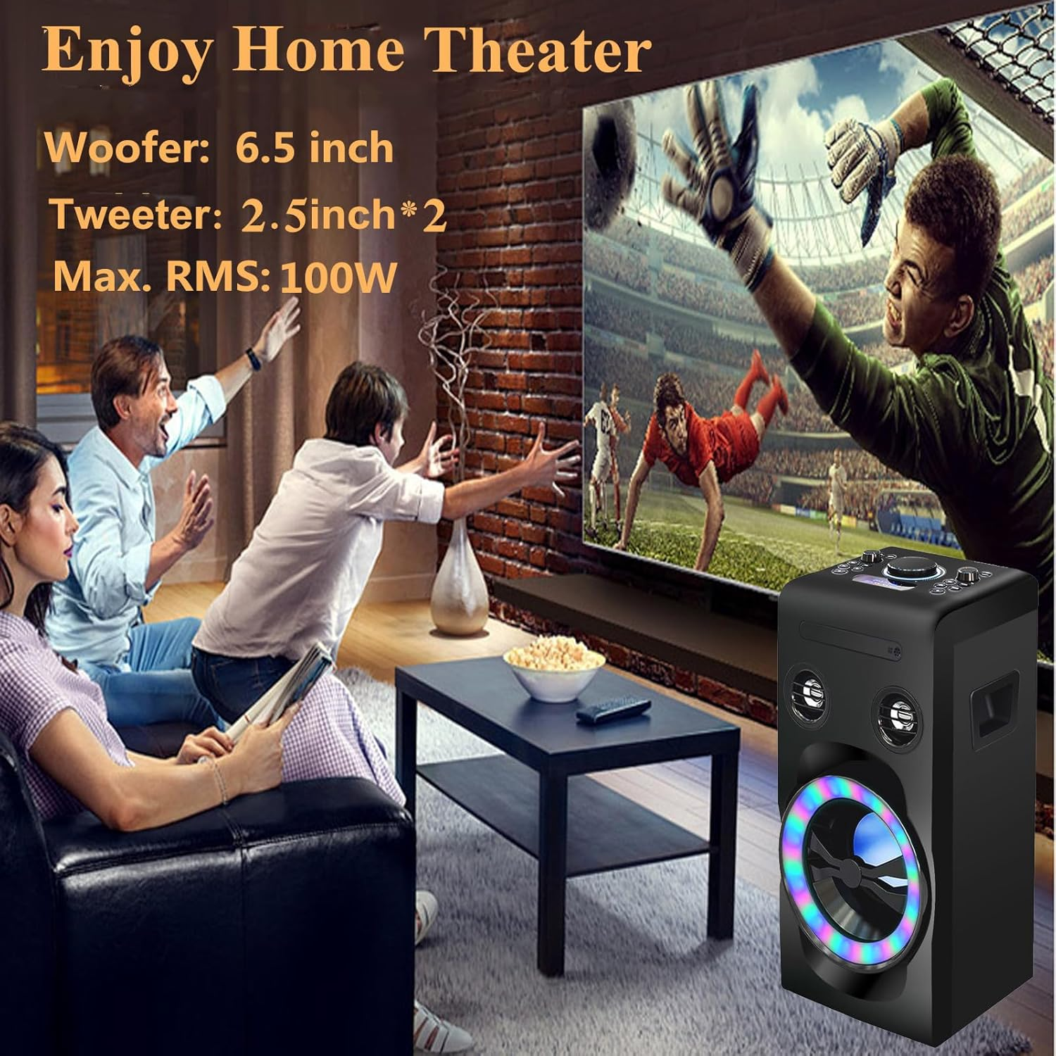 100W Home Stereo System with CD Player, FM Radio, Bluetooth, AUX In/Usb In, Karaoke Function, Earphone Jack, LED Lights, Remote Control Included image number 3