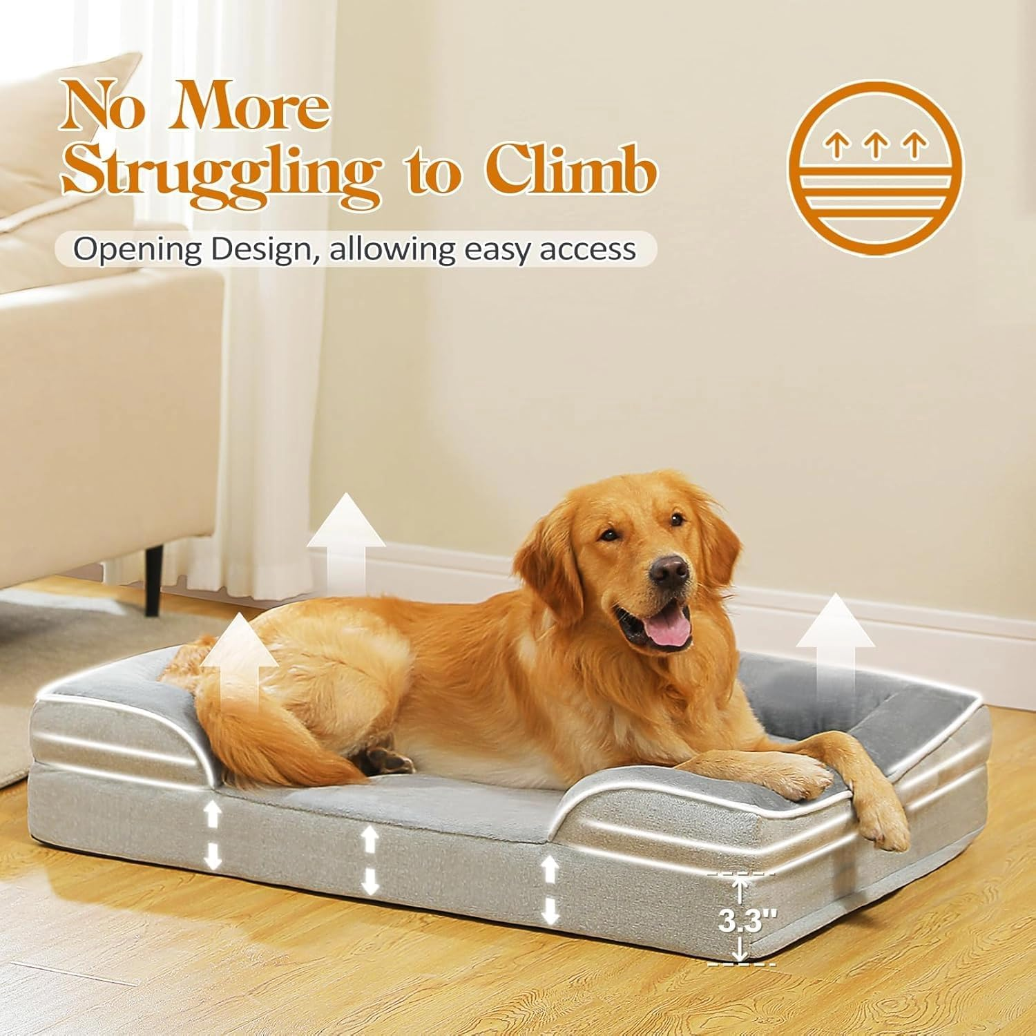 Dog Bed with Foam Support for Dogs 70X60Cm, Waterproof Memory Foam Pet Bed with Sides, Non-Slip and Egg-Crate Foam Big Dog Couch Bed with Washable Removable Cover image number 5