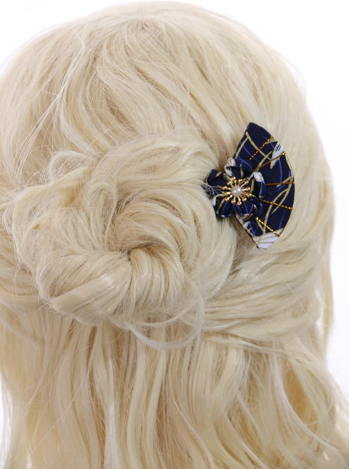 C-121-2 Dark Blue Hair Pin Fan Shape Pin Hair Pin Fabric Flower Sakura Japan Geisha Kimono Accessory image number 5