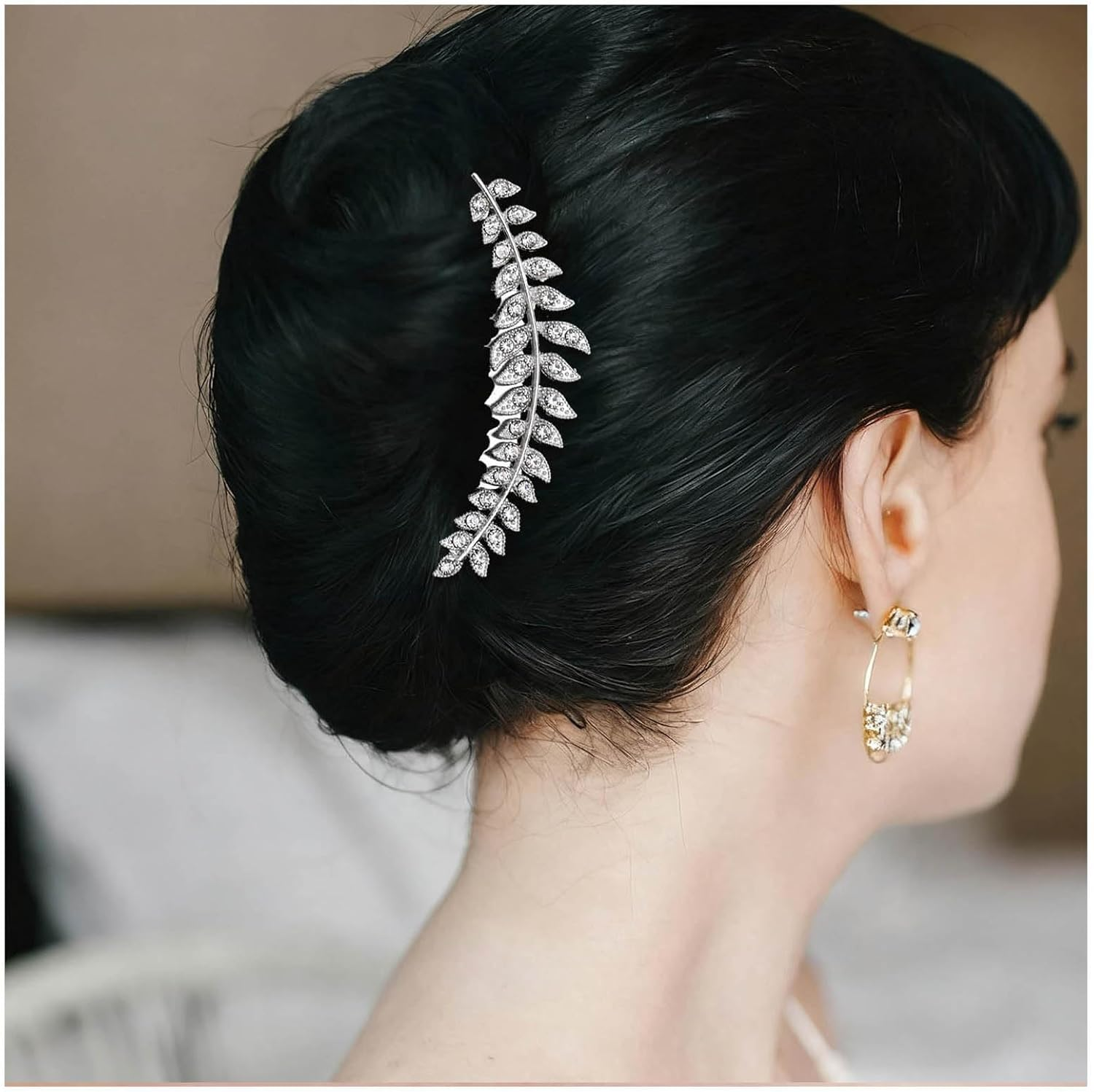 Enautoabs Vintage Silver Leaf Wedding Hair Comb Crystal Leaf Side Comb Large Metal Leaves Hairpiece Bridal Headwear Decorative Accessories for Women Headpiece image number 3