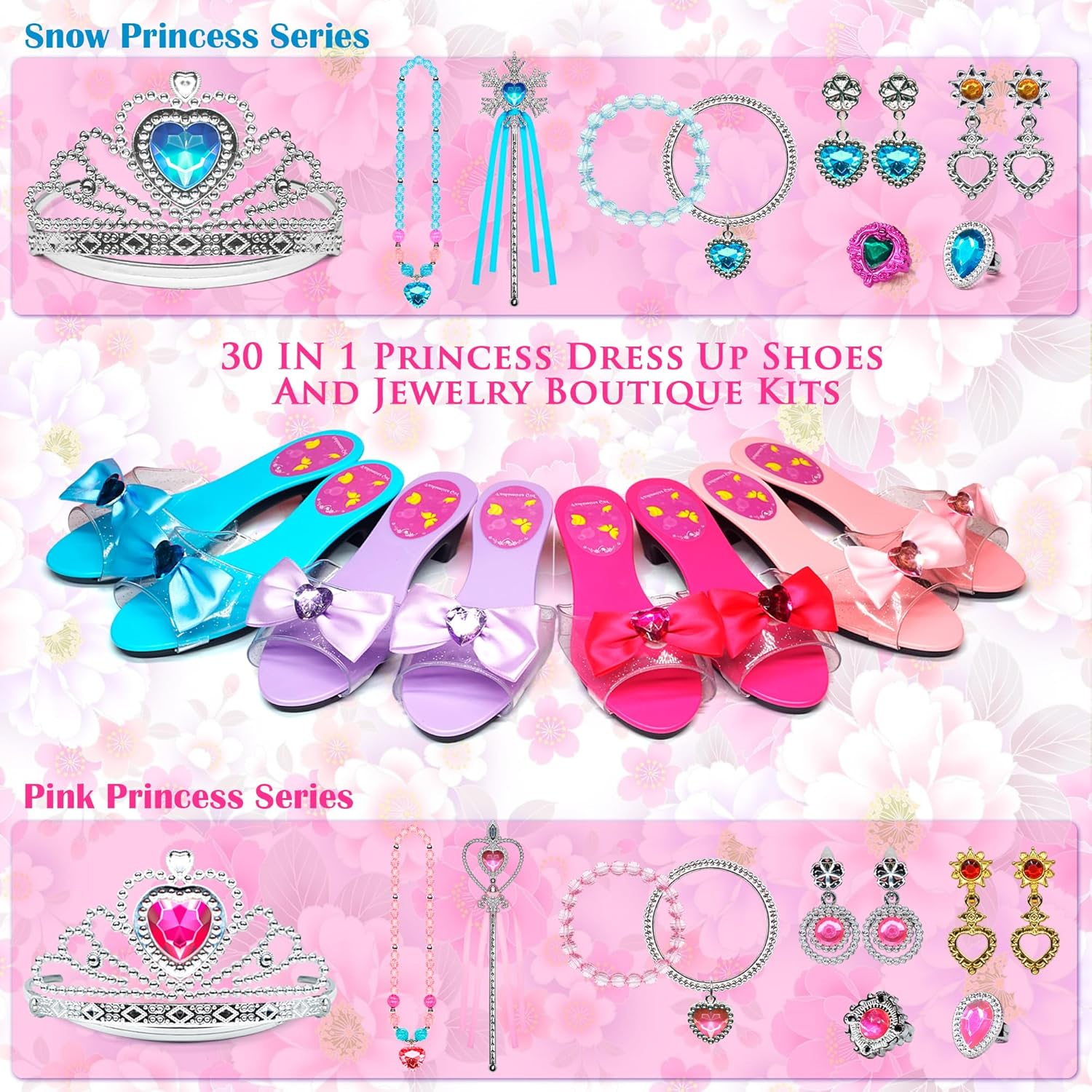 Princess Dress up Shoes - Toddler Play Heels Shoes & Pretend Jewelry Accessories Sets, Role Play Girls Toys with Princess Crown Wand Necklace Ring Bracelet for Little Girls Aged 3,4,5,6 Birthday Gifts