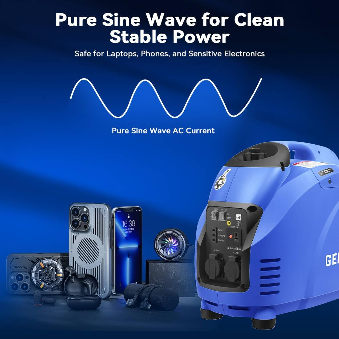 GENTRAX Inverter Generator - 2.5KW Max, 2.2KW Rated, 100% Pure Sine Wave, Portable for Camping Home, Petrol - Blue image number 3